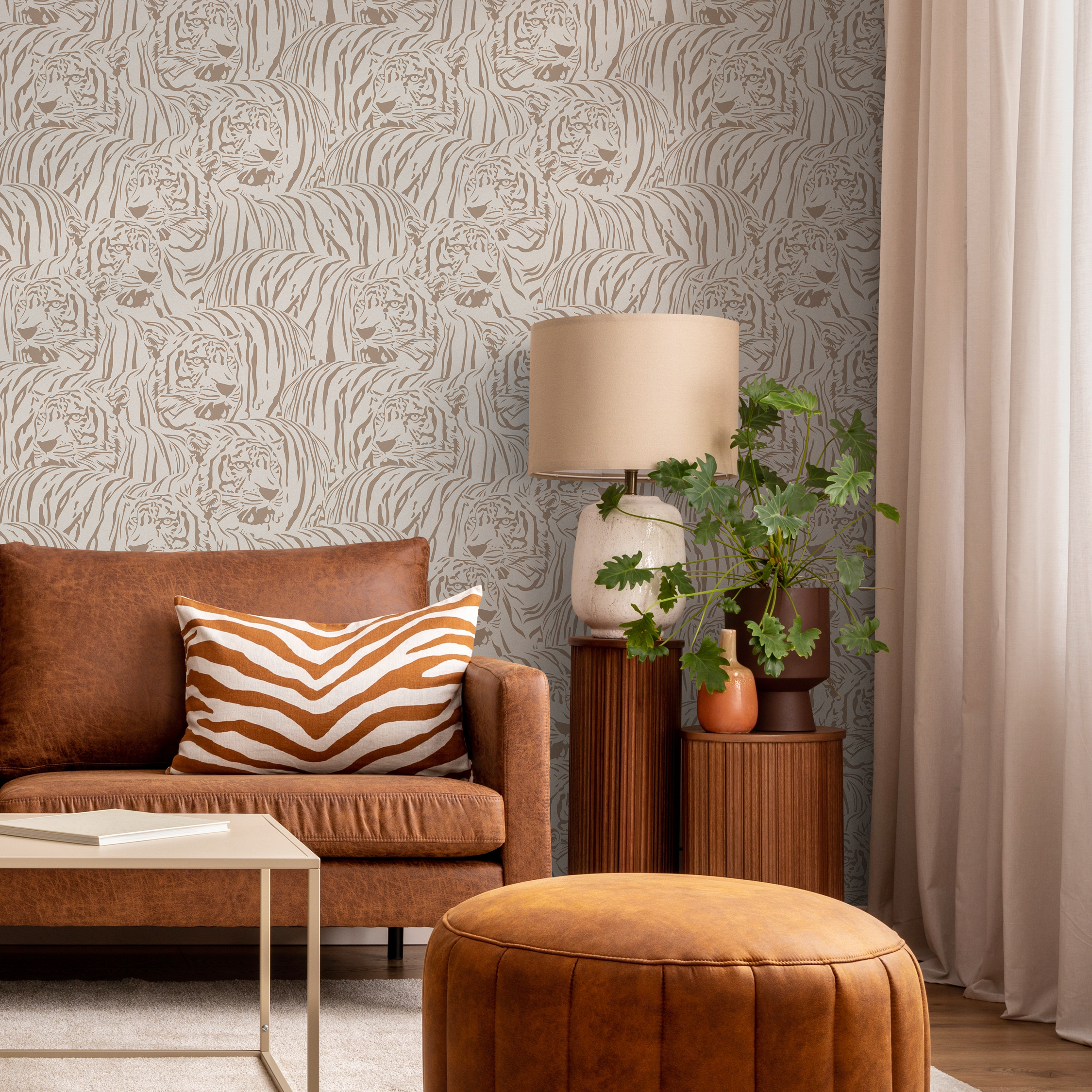Animal Print Wallpaper With A Repeating Tiger Motif In Taupe And Beige - Zadg