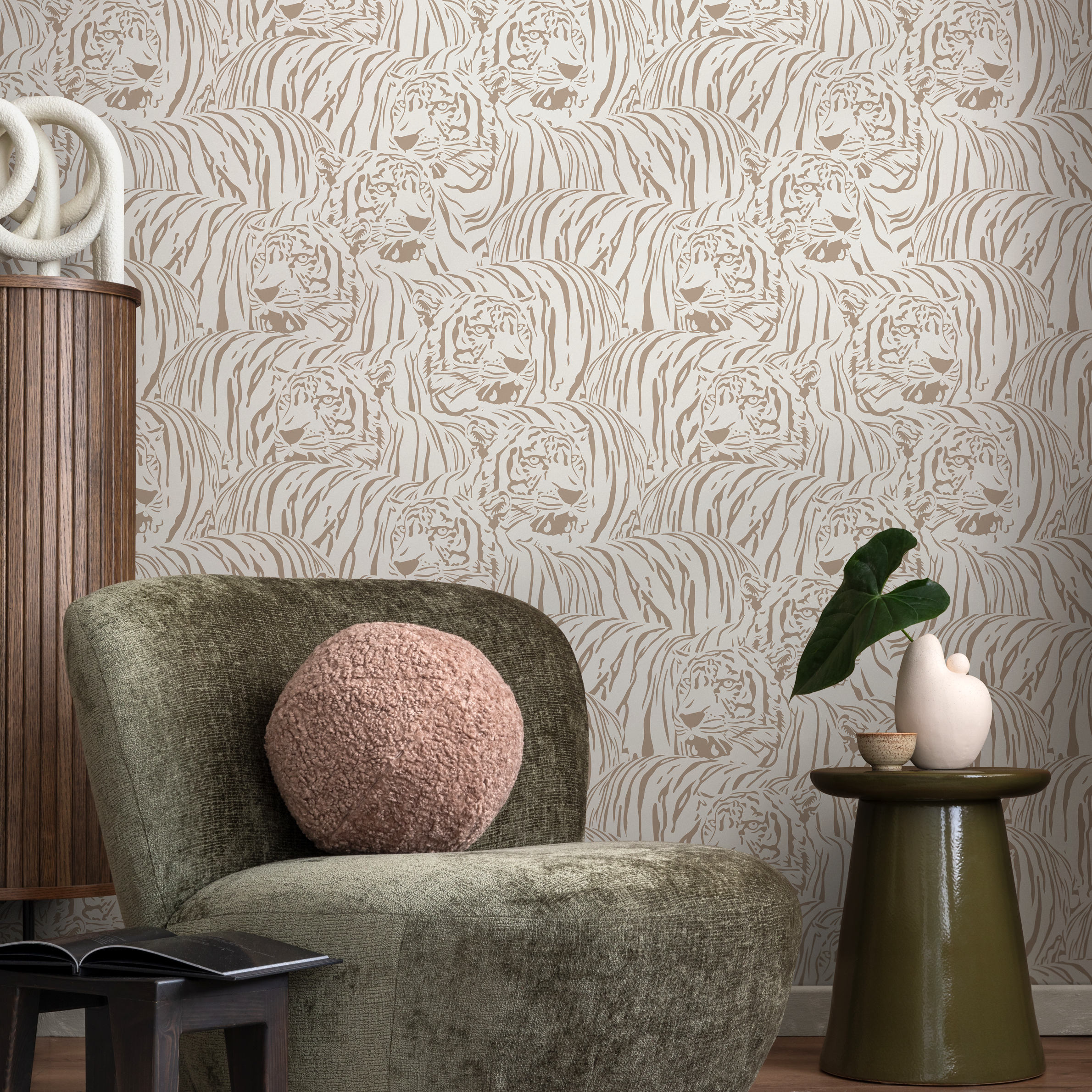 Animal Print Wallpaper With A Repeating Tiger Motif In Taupe And Beige - Zadg