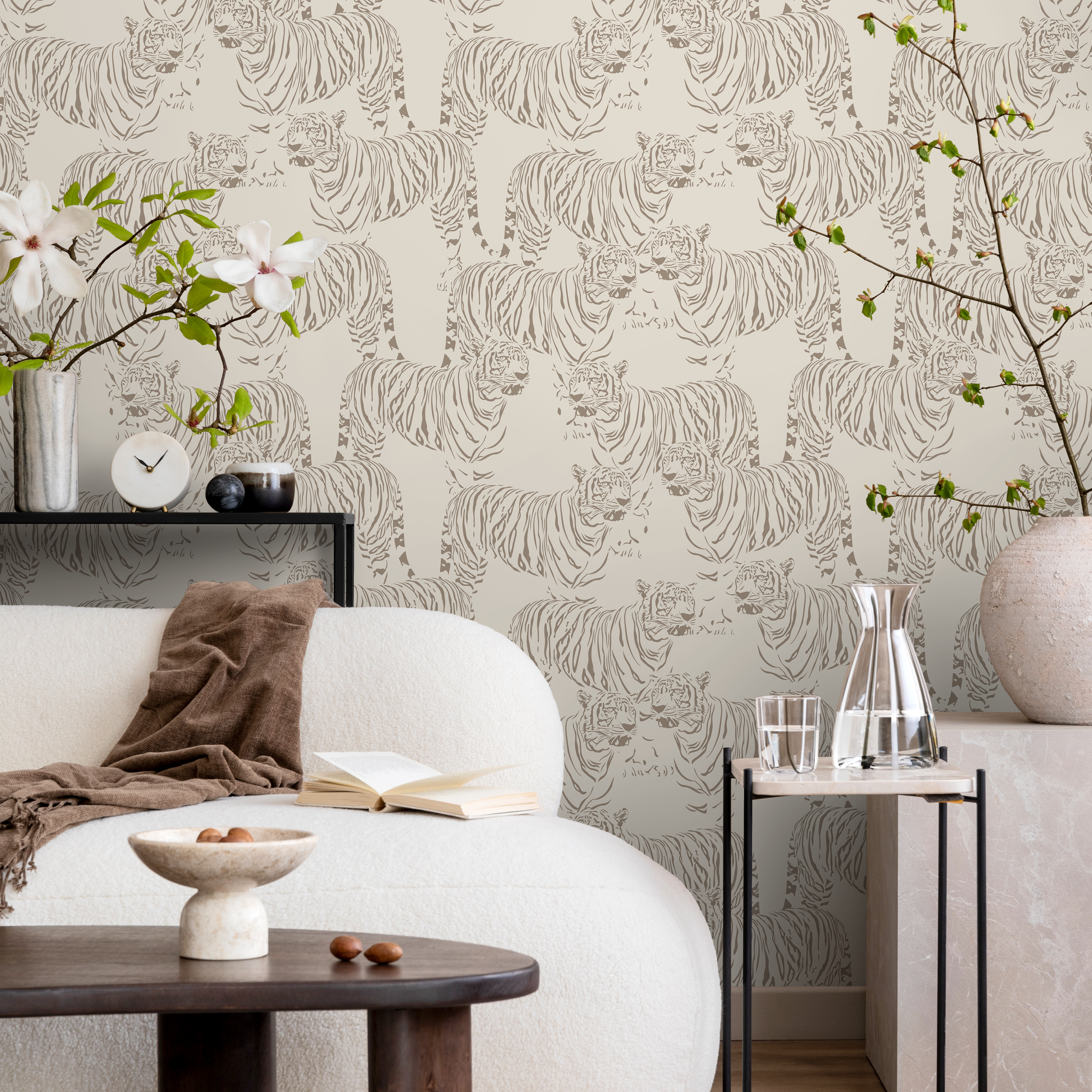 Animal Print Wallpaper With Illustrated Tigers In Beige And Taupe - Zadh