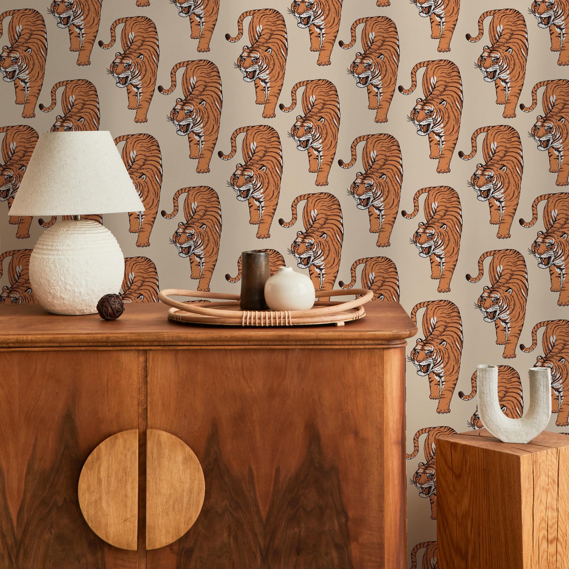 Animal Print Wallpaper Featuring Stylized Tigers In Orange, Black, And Beige - Zadi