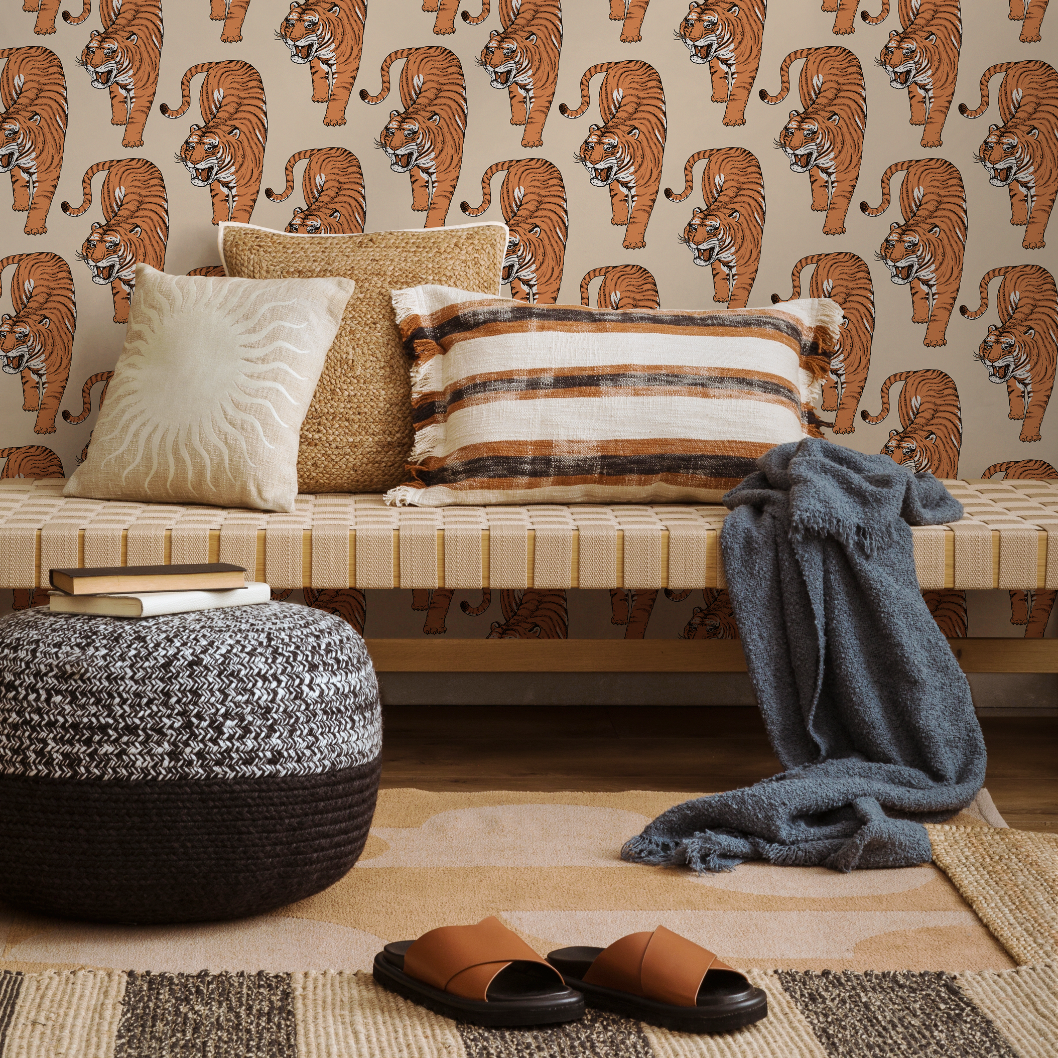 Animal Print Wallpaper Featuring Stylized Tigers In Orange, Black, And Beige - Zadi
