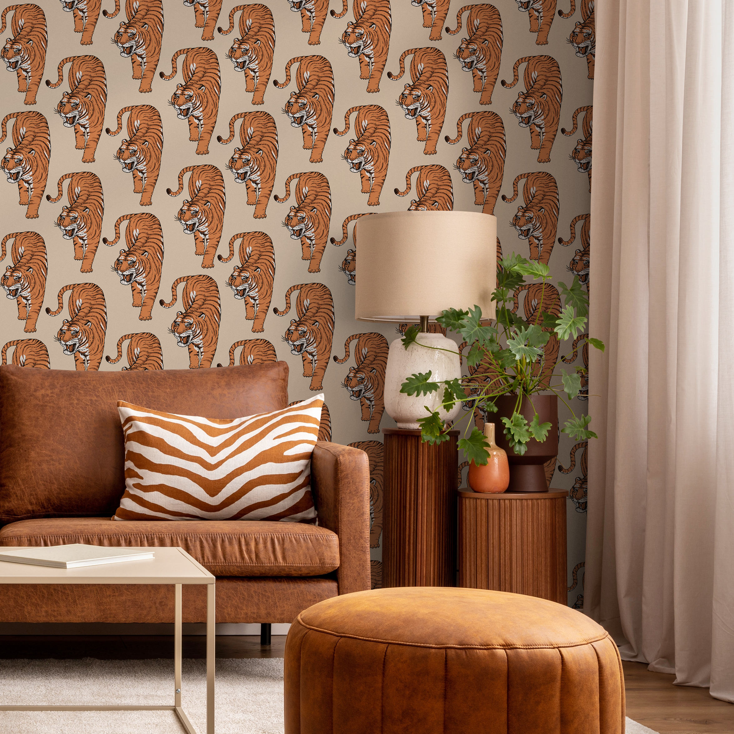 Animal Print Wallpaper Featuring Stylized Tigers In Orange, Black, And Beige - Zadi