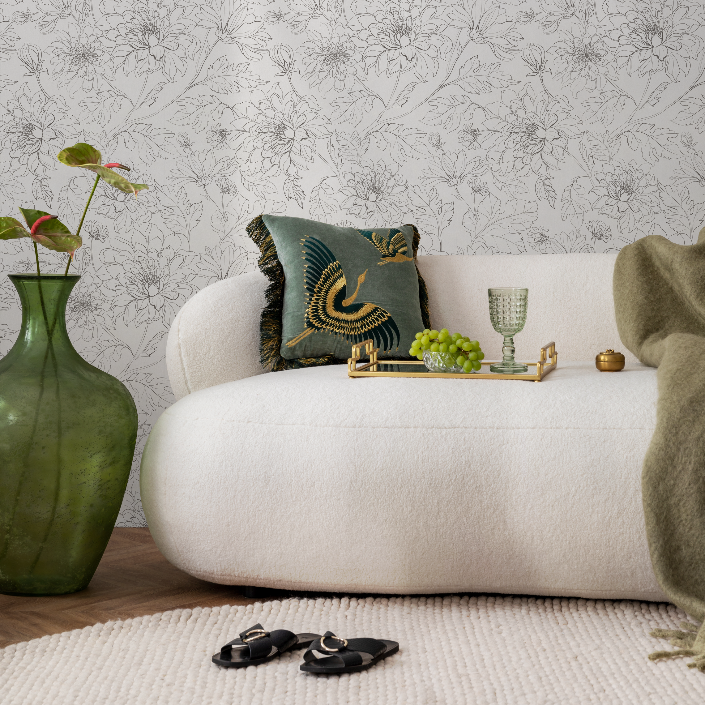 Floral Wallpaper With Chrysanthemum Line Art In Black And White - Zadj