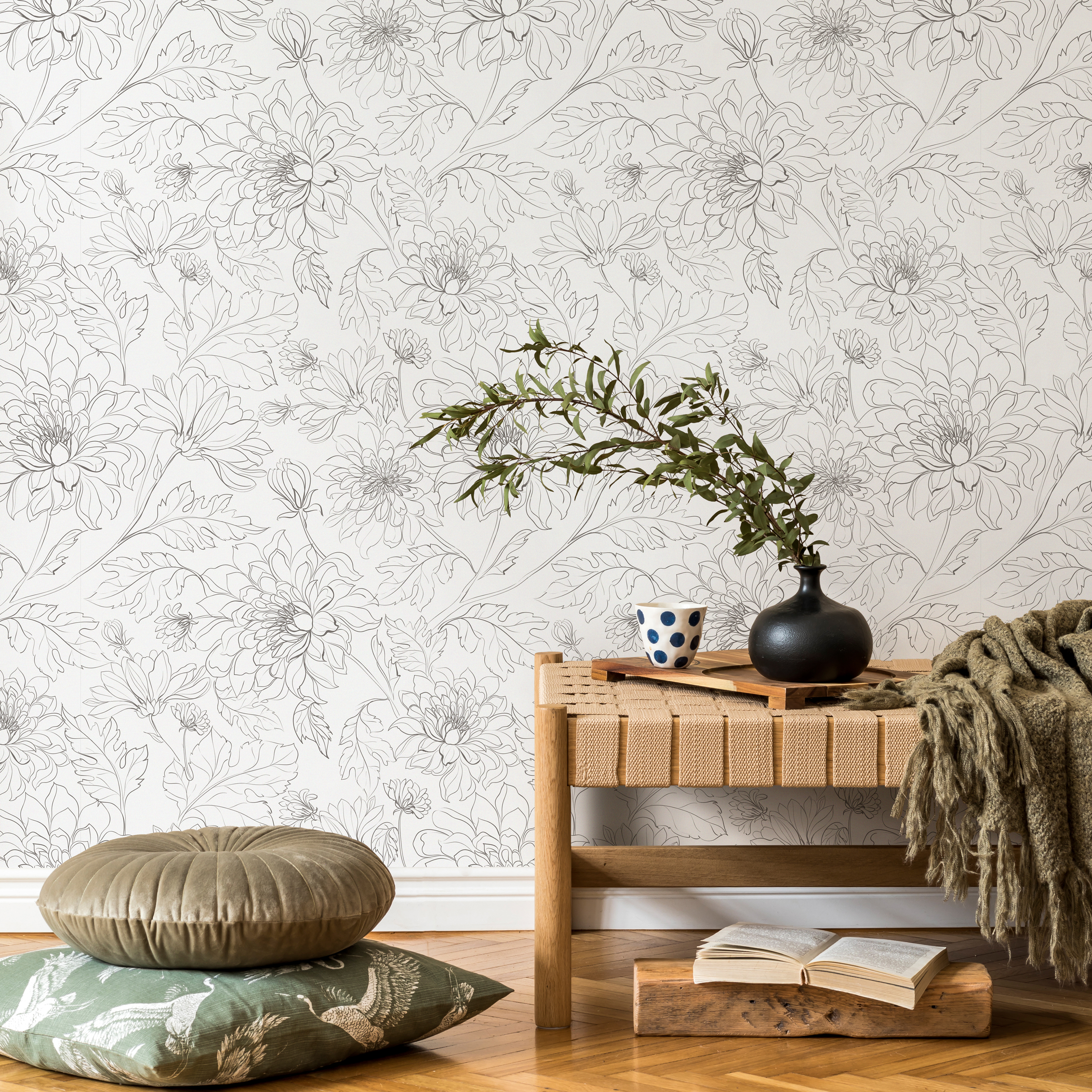 Floral Wallpaper With Chrysanthemum Line Art In Black And White - Zadj