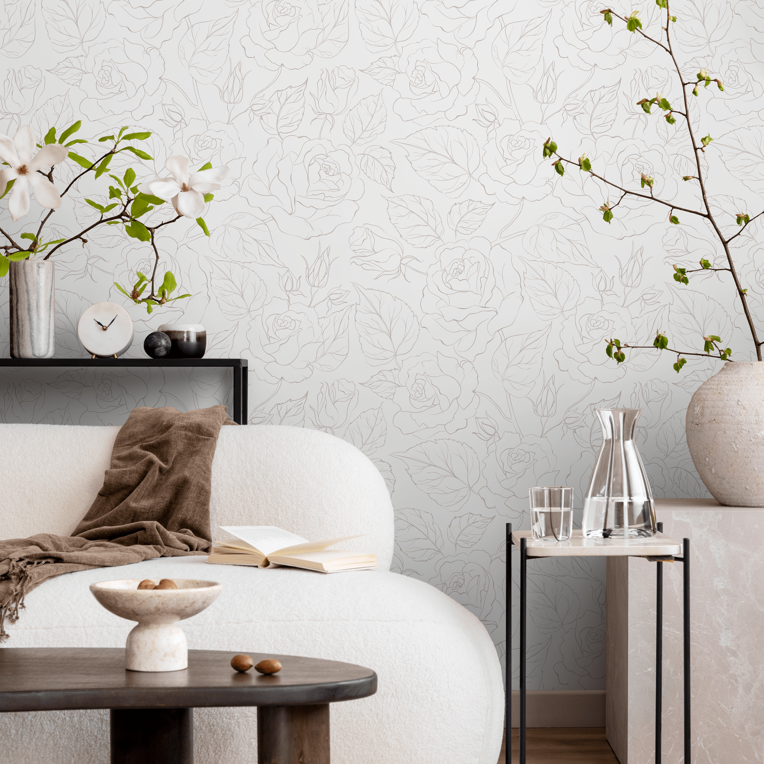 Rose Wallpaper With A Delicate Line Art Motif In Neutral Tones - Zadk