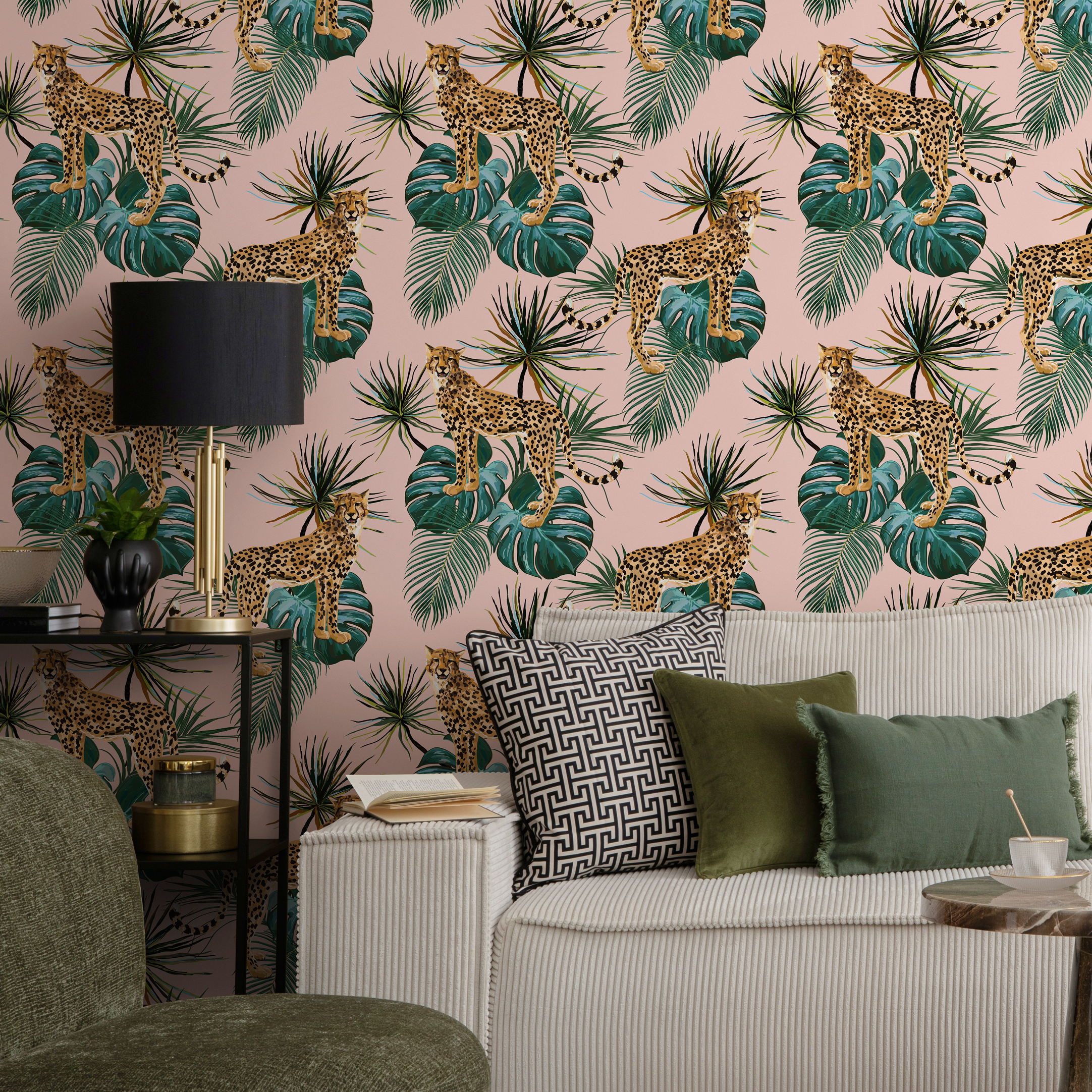 Animal Wallpaper With Cheetahs And Tropical Leaves In Pink And Green - Zadn