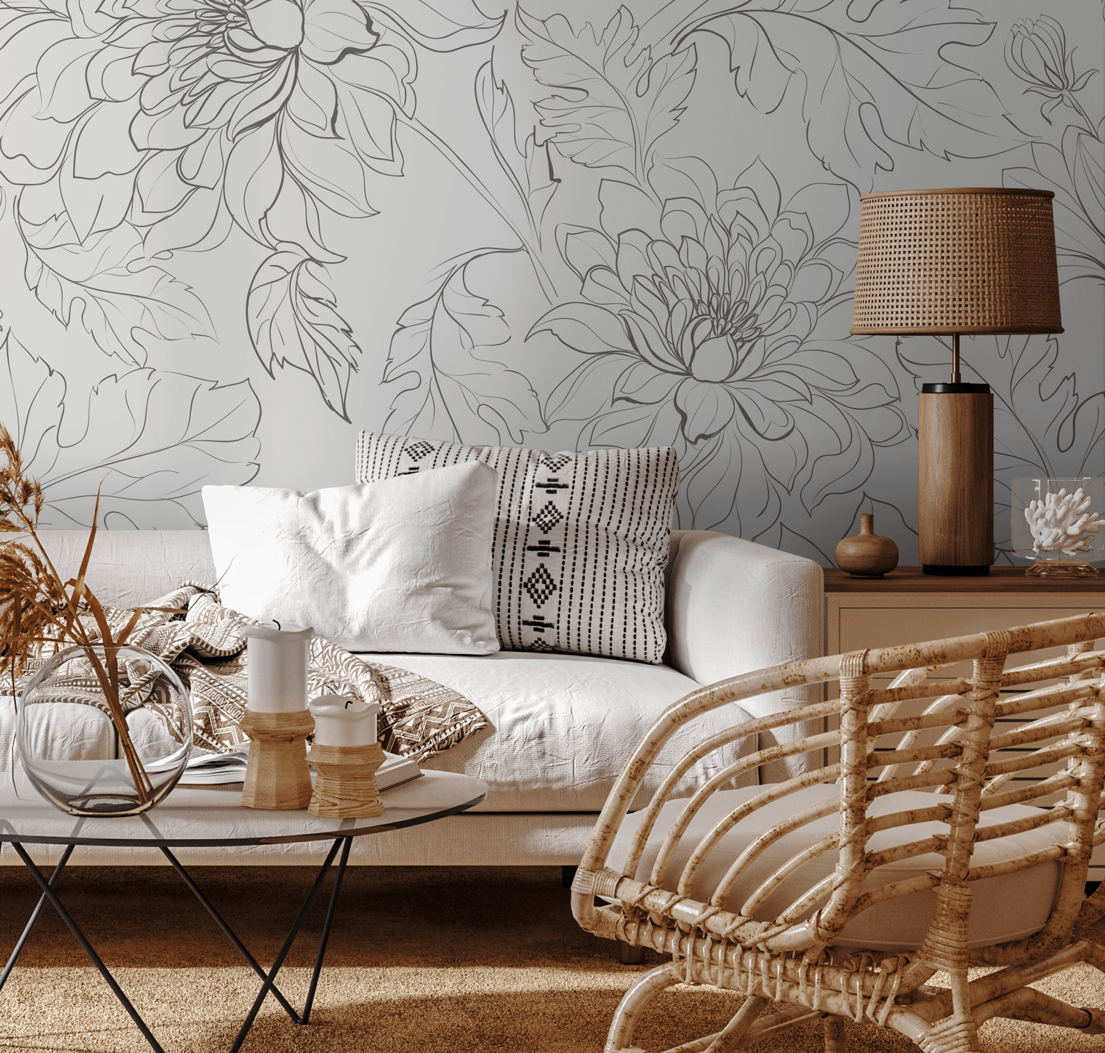 Floral Wallpaper With A Minimalist Peony Line Drawing In Gray - Zado