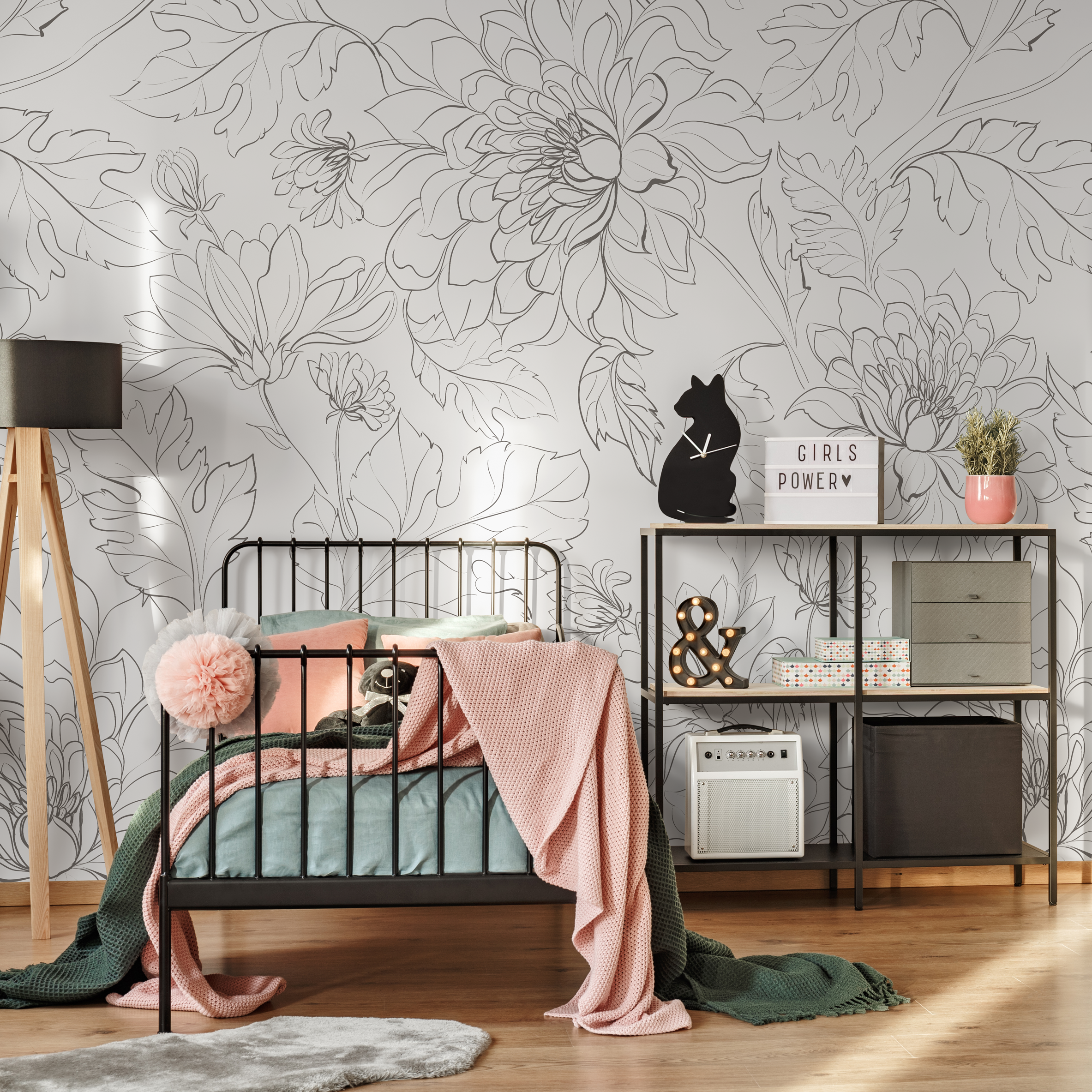 Floral Wallpaper With A Minimalist Peony Line Drawing In Gray - Zado