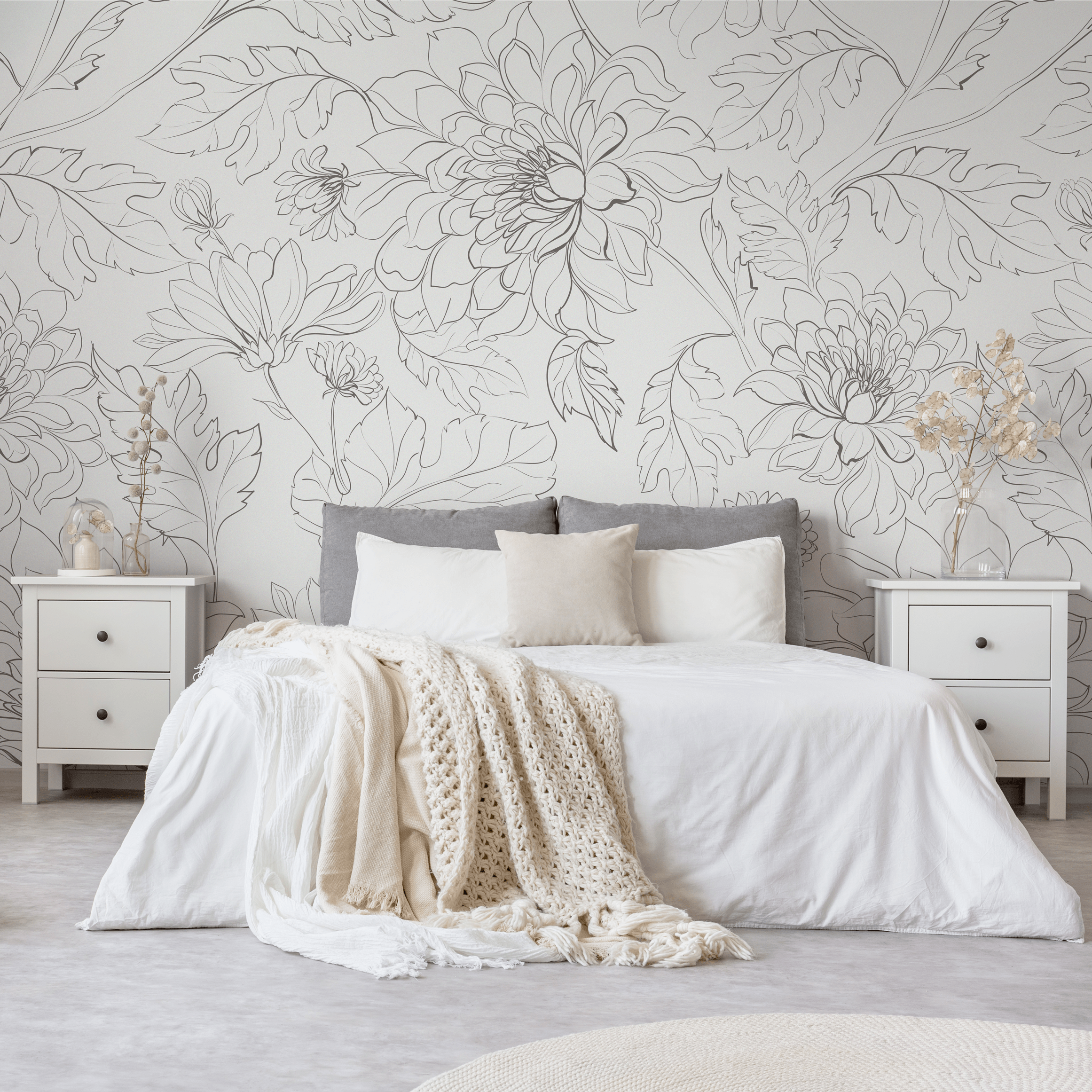 Floral Wallpaper With A Minimalist Peony Line Drawing In Gray - Zado
