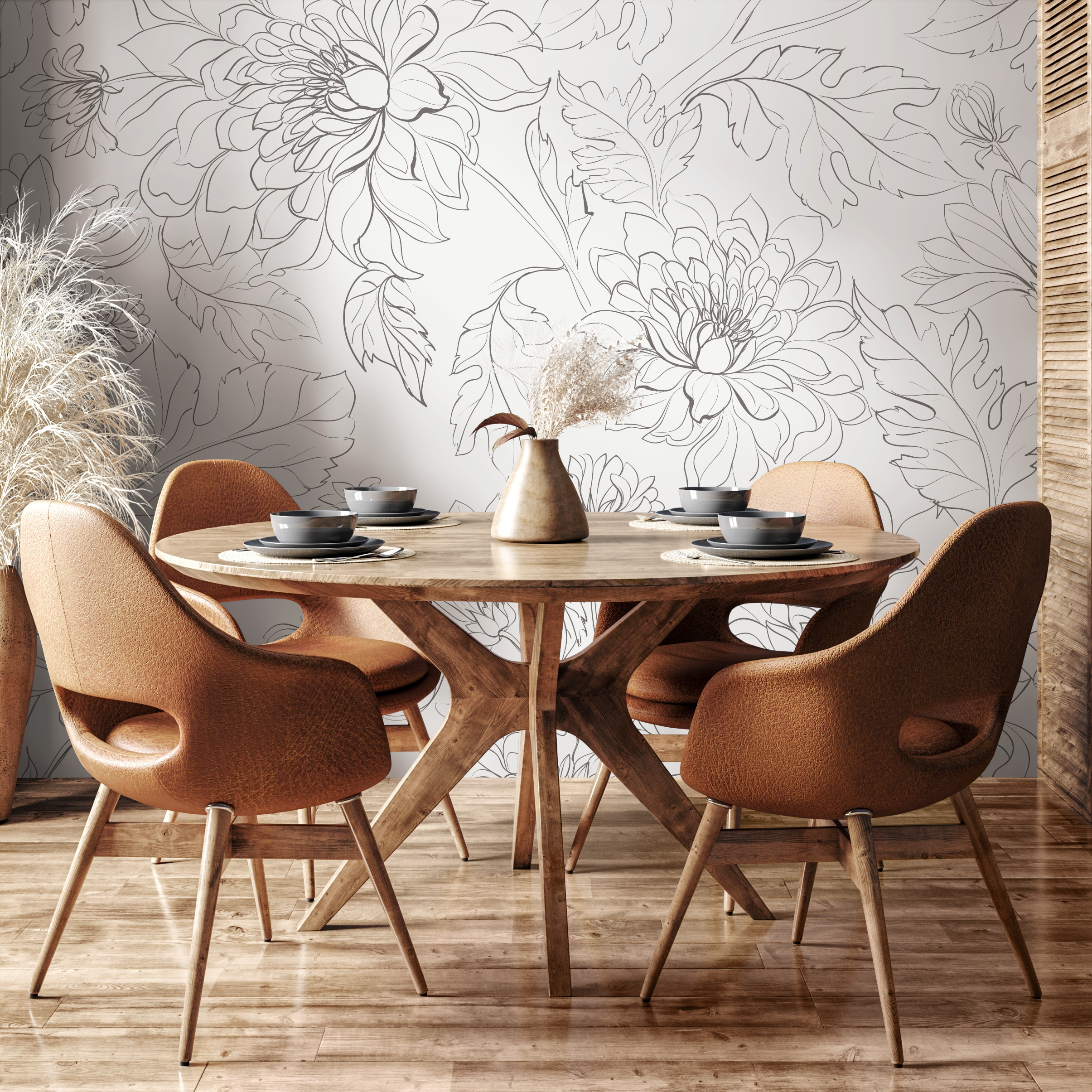 Floral Wallpaper With A Minimalist Peony Line Drawing In Gray - Zado