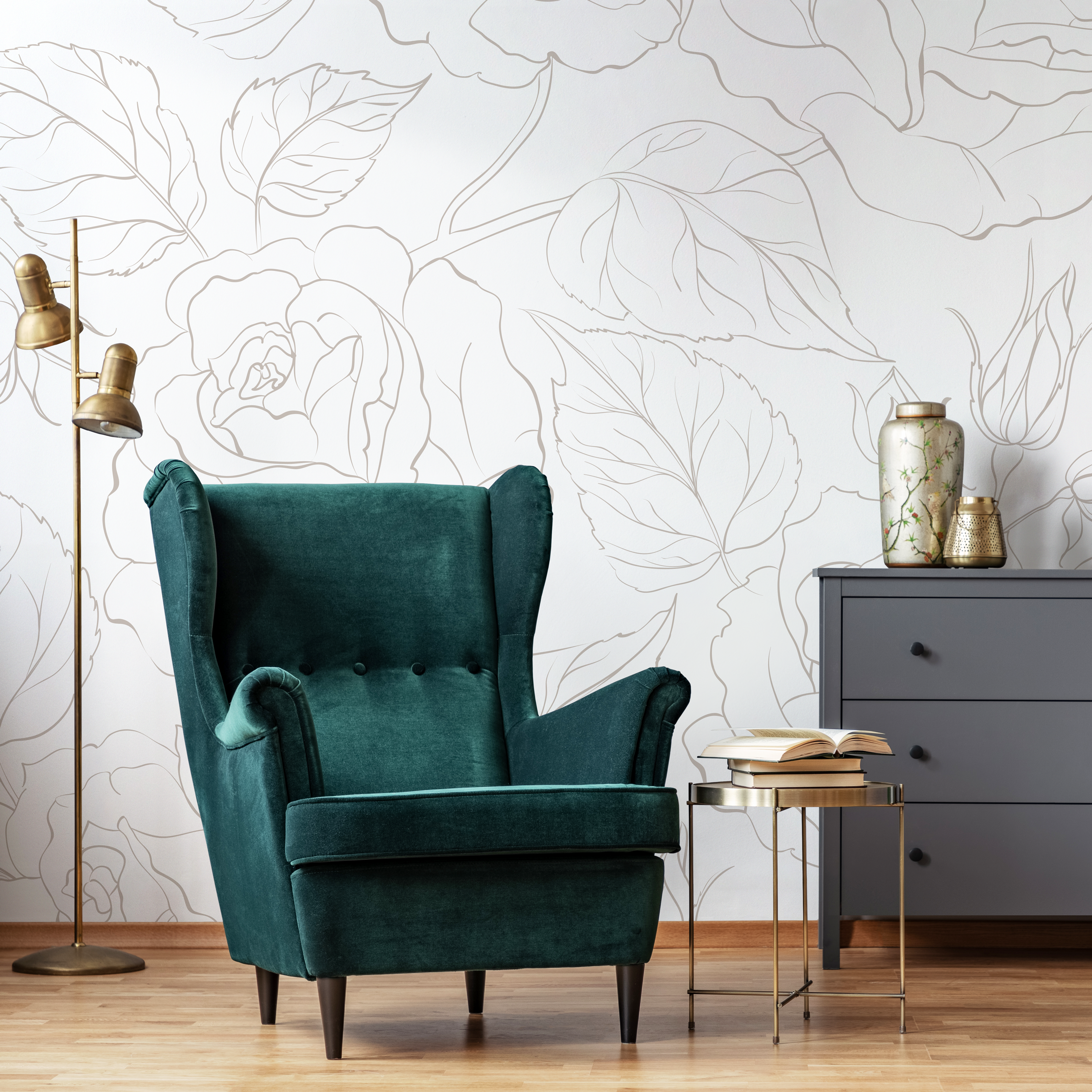 Floral Wallpaper With A Minimalist Peony Line Art In Beige - Zadp