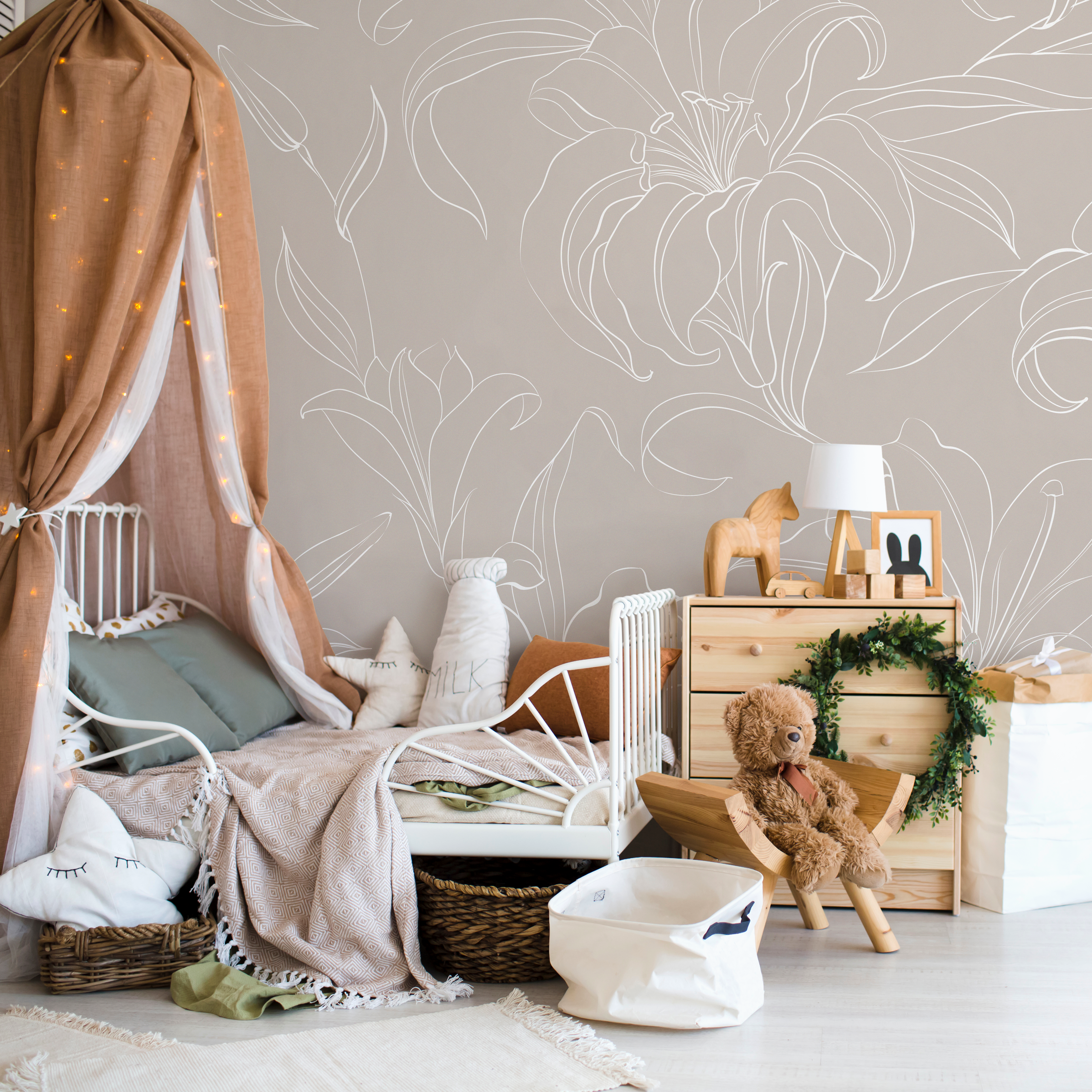 Floral Wallpaper With Elegant Lily Line Art In Beige And White - Zadq