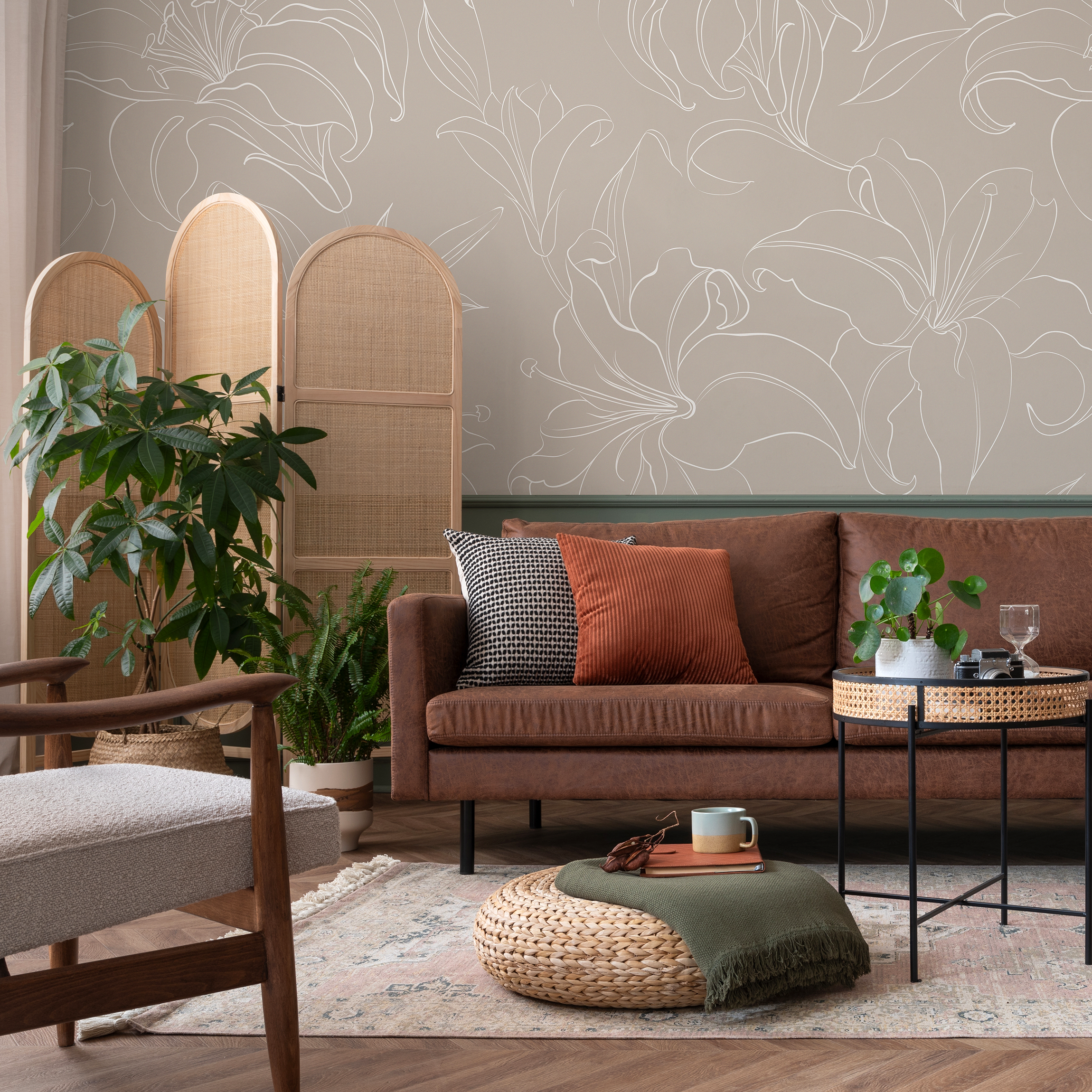 Floral Wallpaper With Elegant Lily Line Art In Beige And White - Zadq