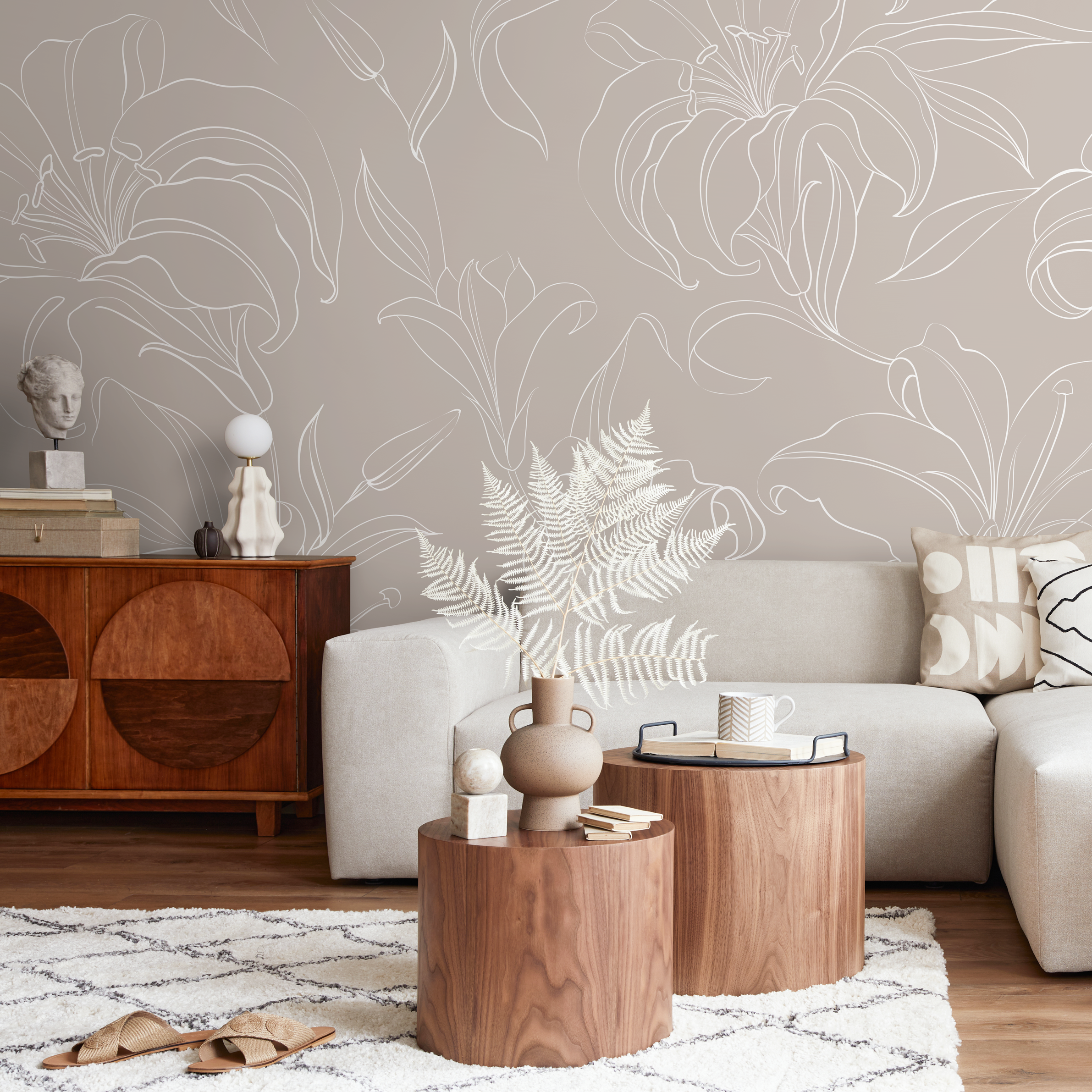Floral Wallpaper With Elegant Lily Line Art In Beige And White - Zadq