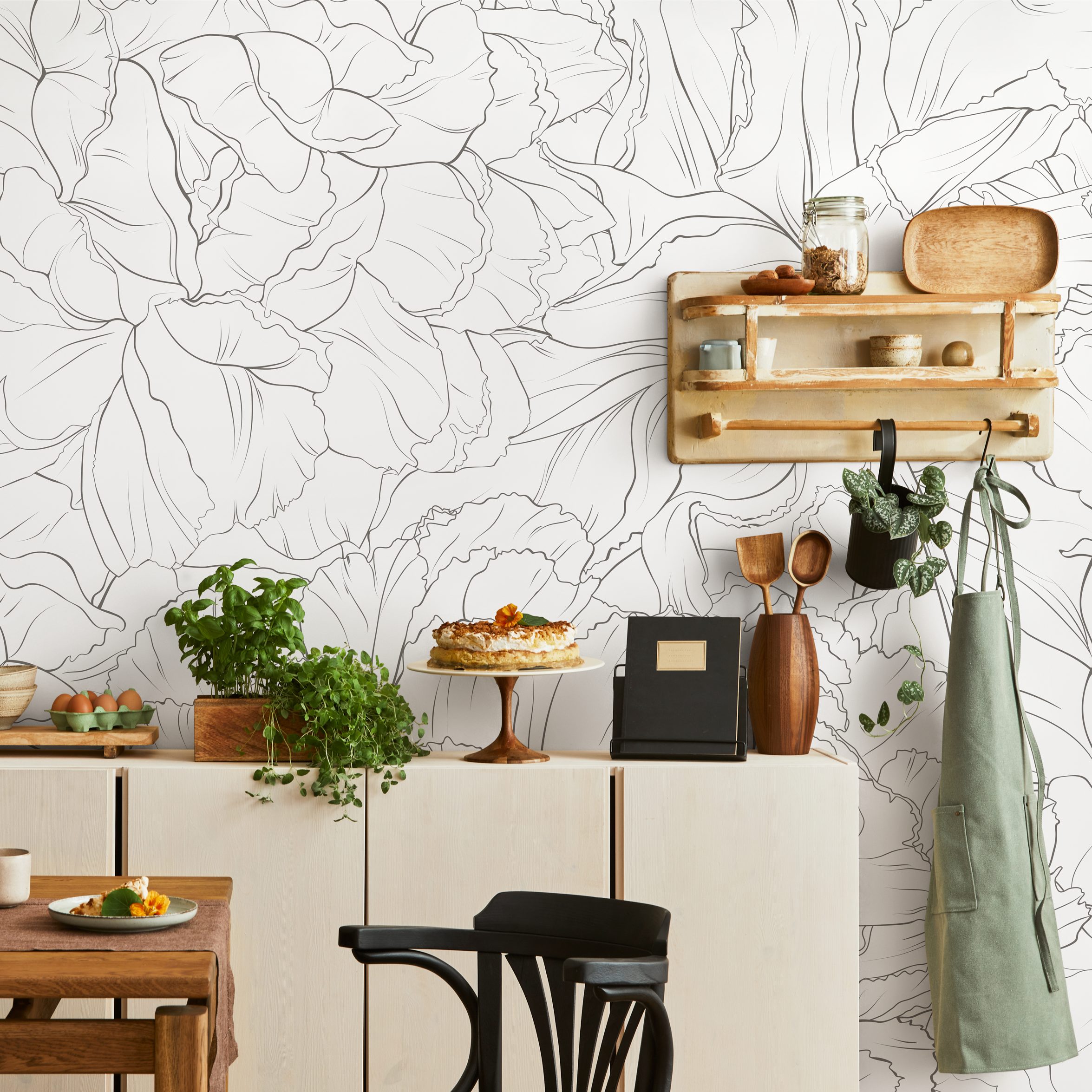 Floral Wallpaper Featuring Minimalist Peony Outlines In Black And White - Zadt