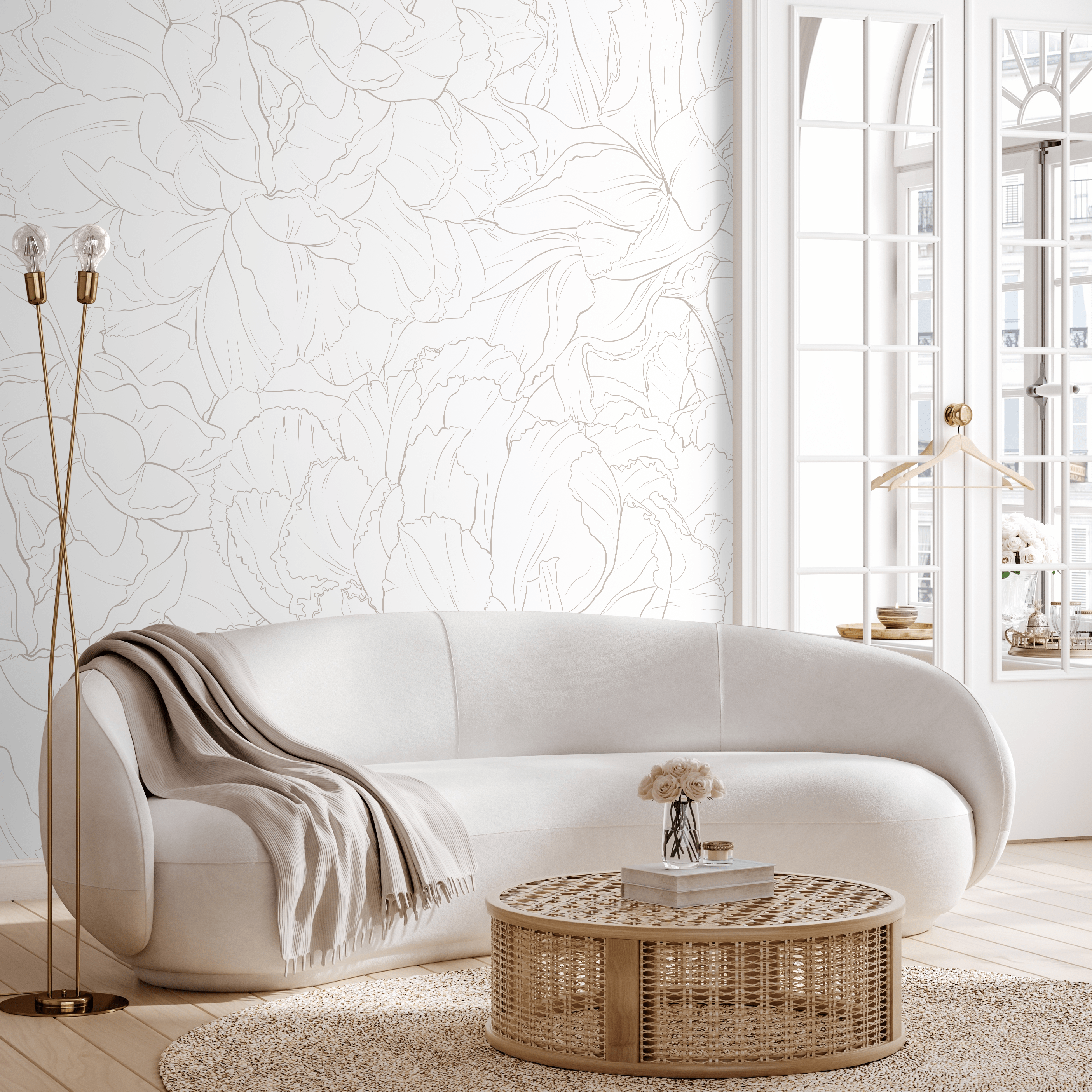 Floral Wallpaper Featuring A Minimalist Peony Outline In Taupe - Zadu