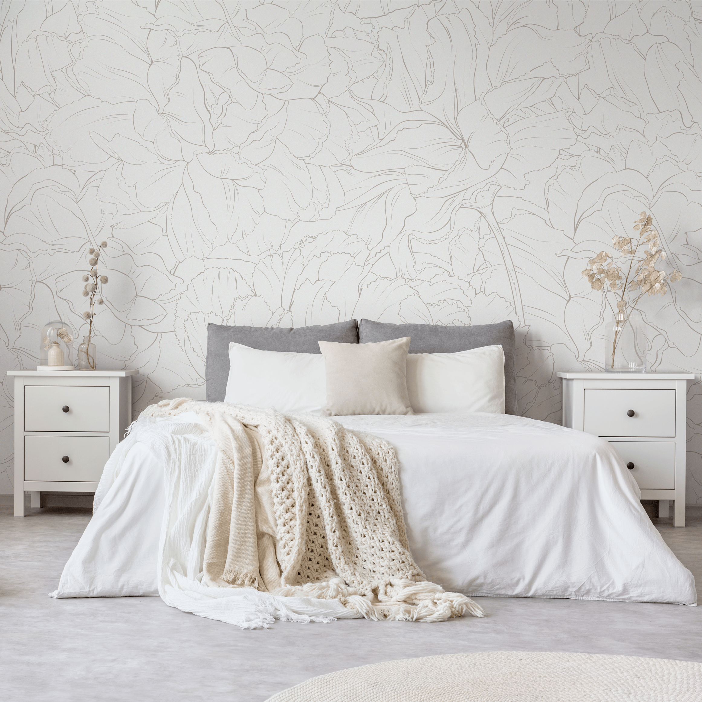 Floral Wallpaper Featuring A Minimalist Peony Outline In Taupe - Zadu