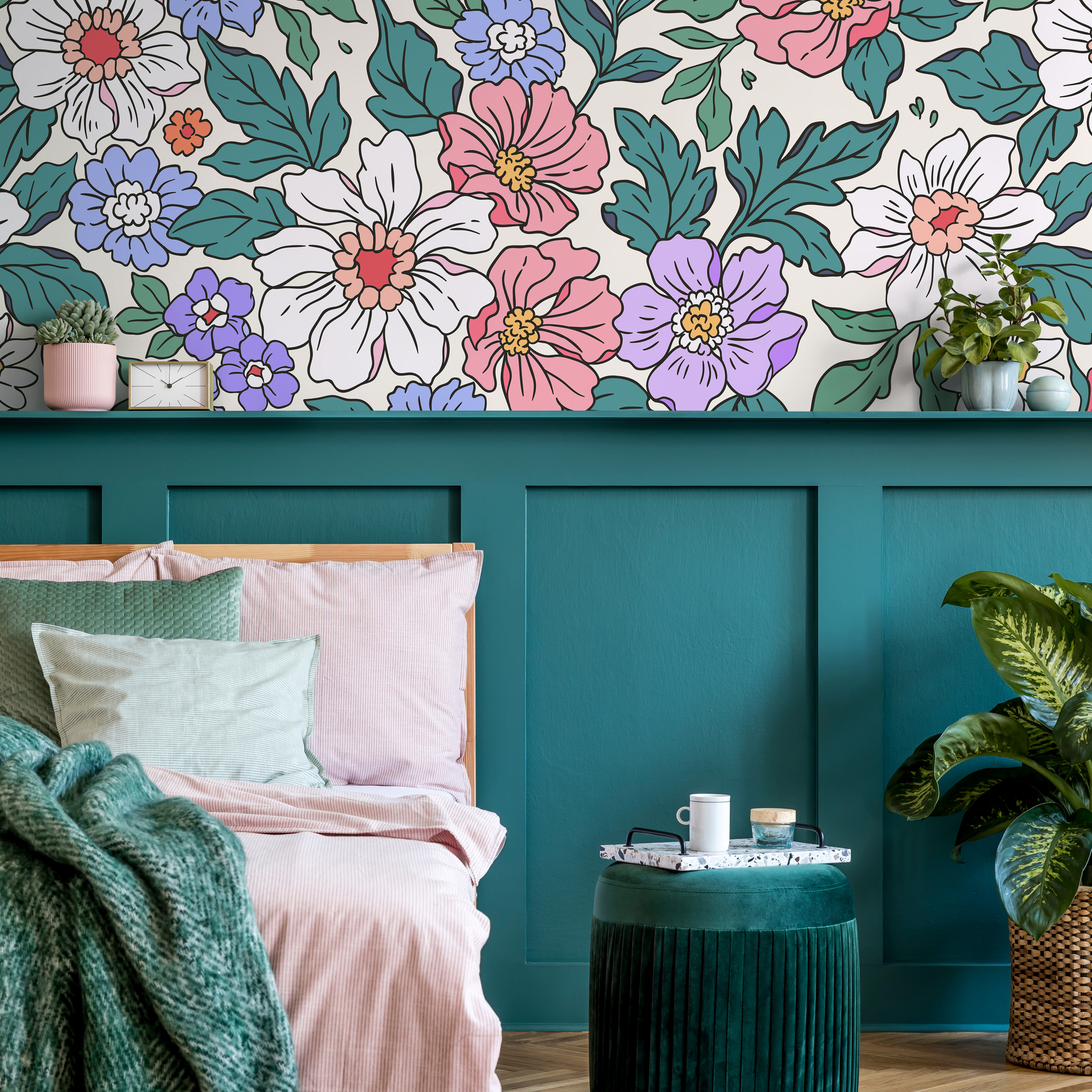 Floral Wallpaper With Retro Style Blooms In Pink, Purple, And Green - Zadv
