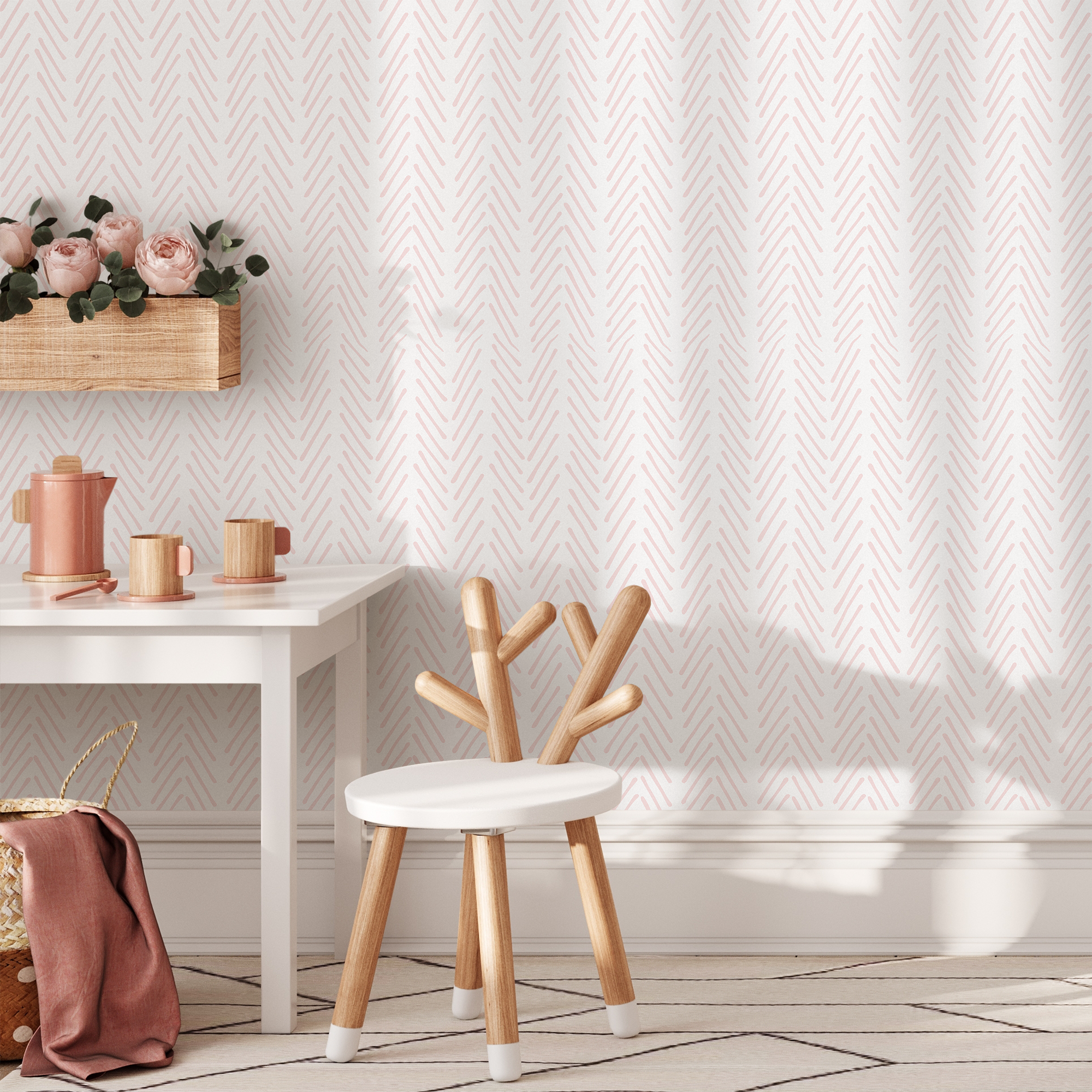 Boho Wallpaper With A Hand-drawn Herringbone In Pink - Zadw