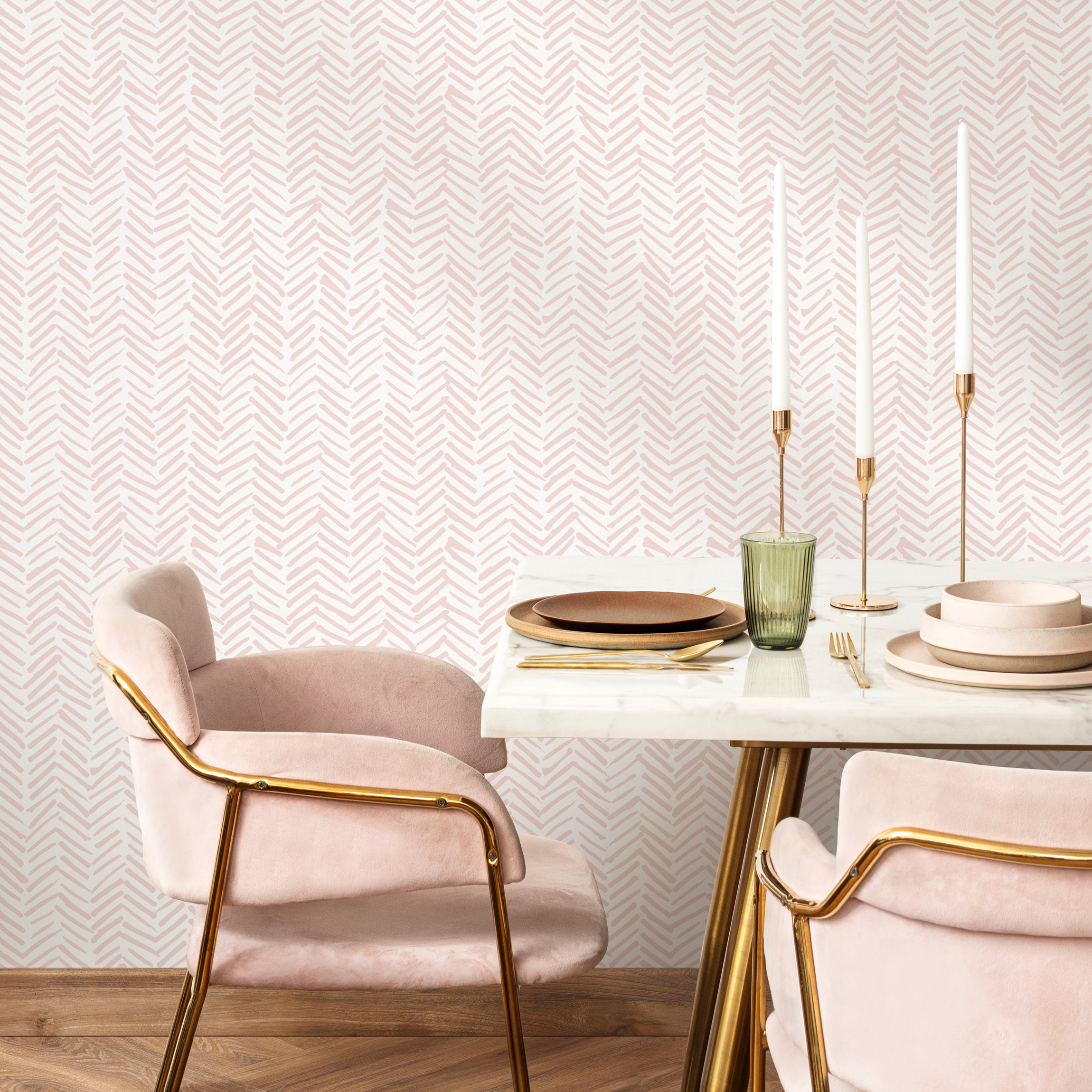 Herringbone Wallpaper With A Hand-drawn Motif In Soft Pink - Zady
