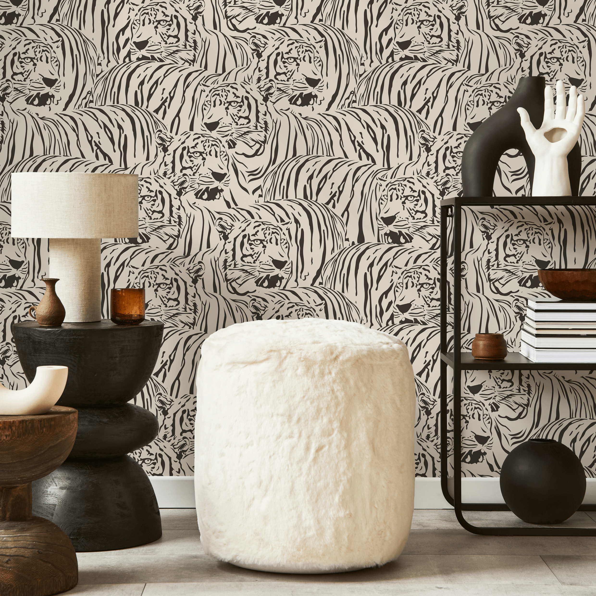 Animal Print Wallpaper Featuring A Bold Tiger Motif In Black And Off-white - Zadz