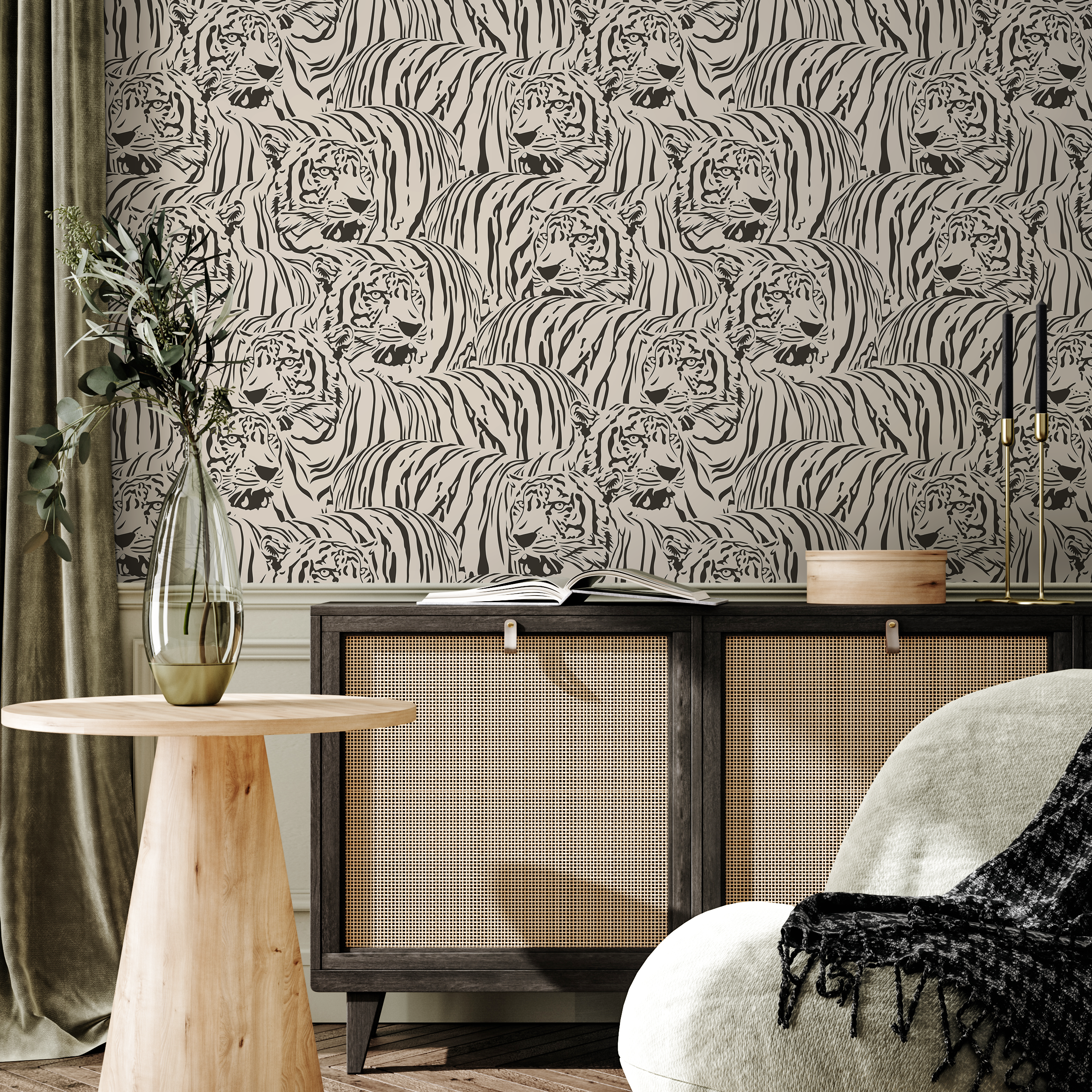 Animal Print Wallpaper Featuring A Bold Tiger Motif In Black And Off-white - Zadz