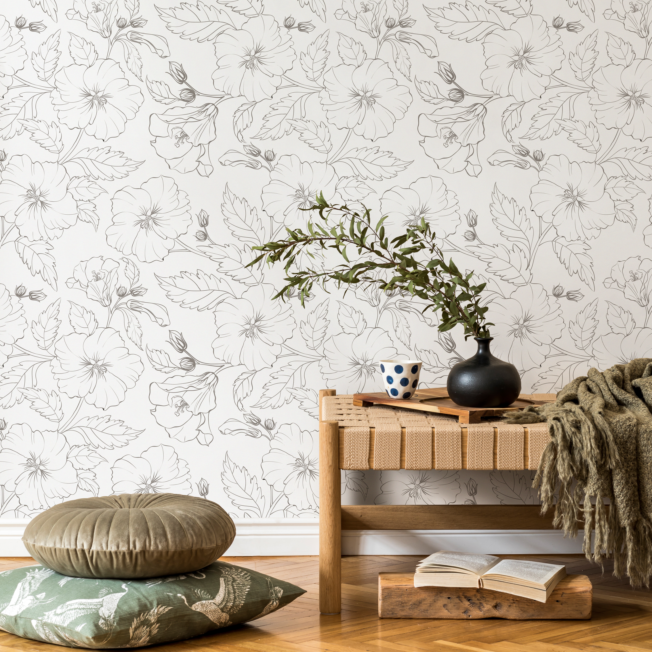 Floral Wallpaper Featuring Hand-drawn Peonies In Black And White - Zaea