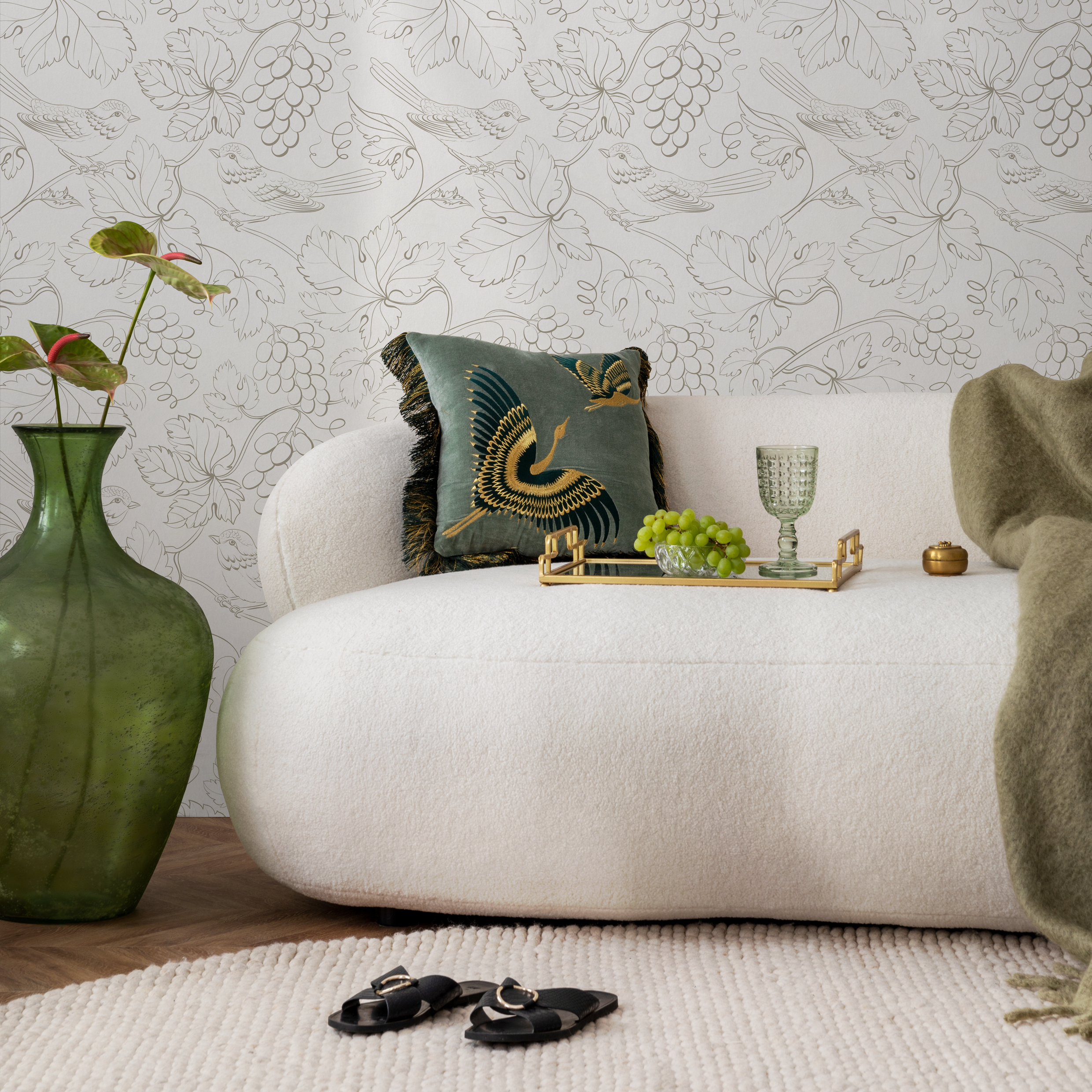 Botanical Wallpaper With A Grapevine And Bird Motif In Sage Green - Zaeb