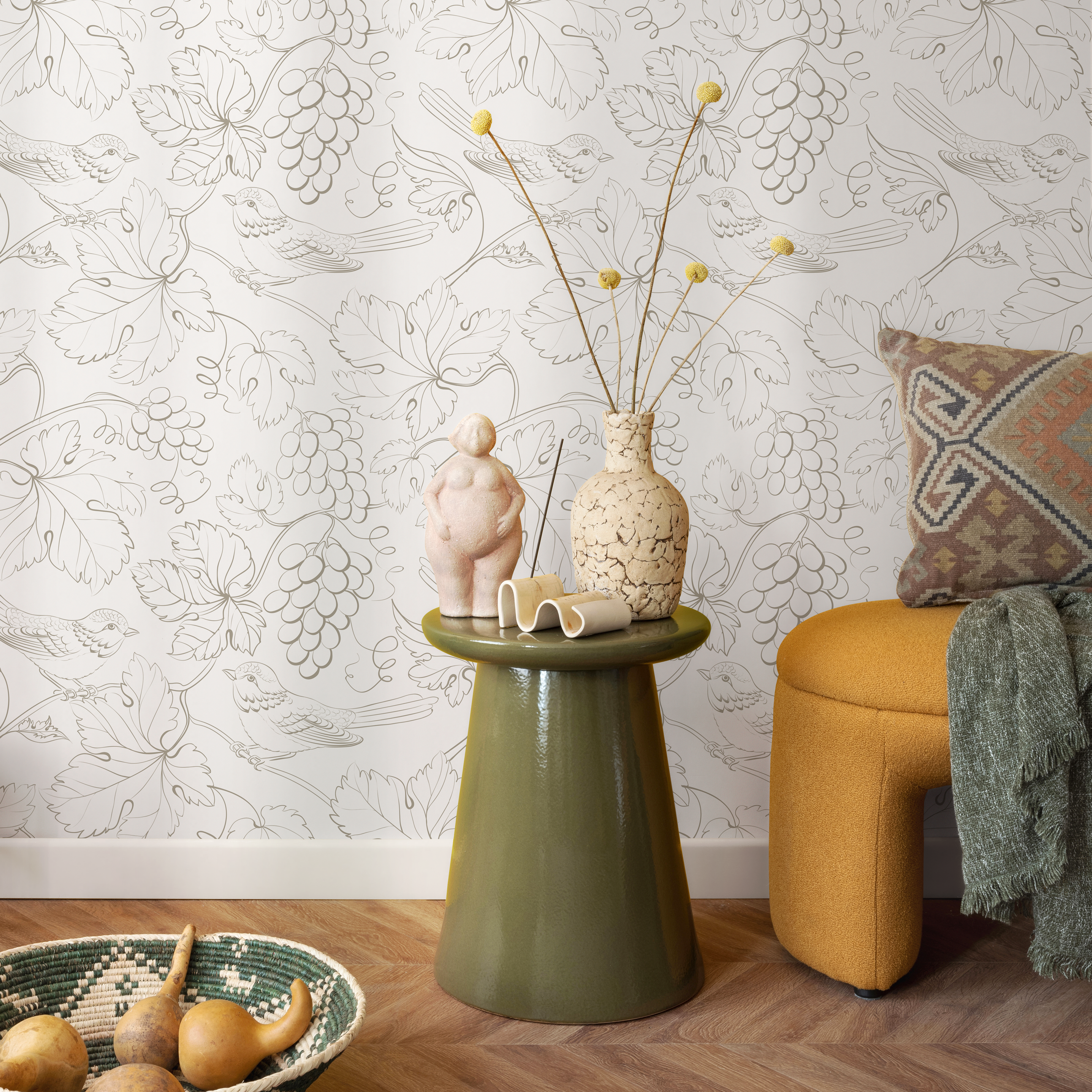 Botanical Wallpaper With A Grapevine And Bird Motif In Sage Green - Zaeb