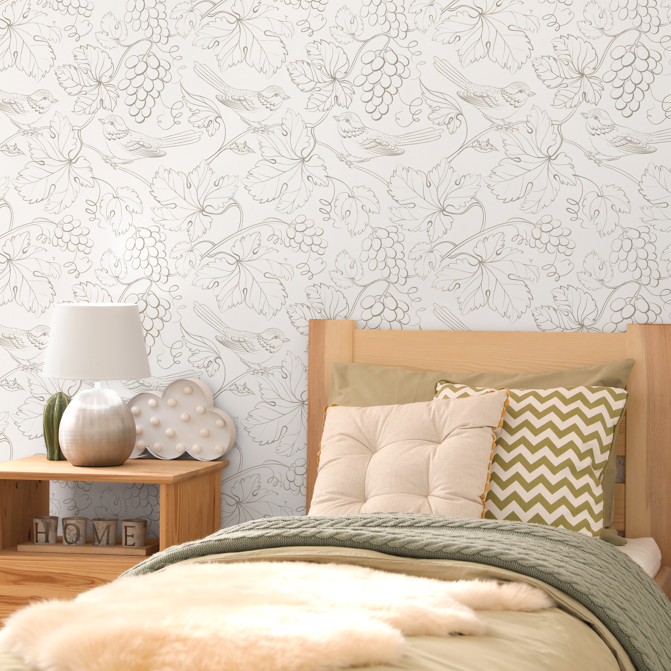 Botanical Wallpaper With A Grapevine And Bird Motif In Sage Green - Zaeb