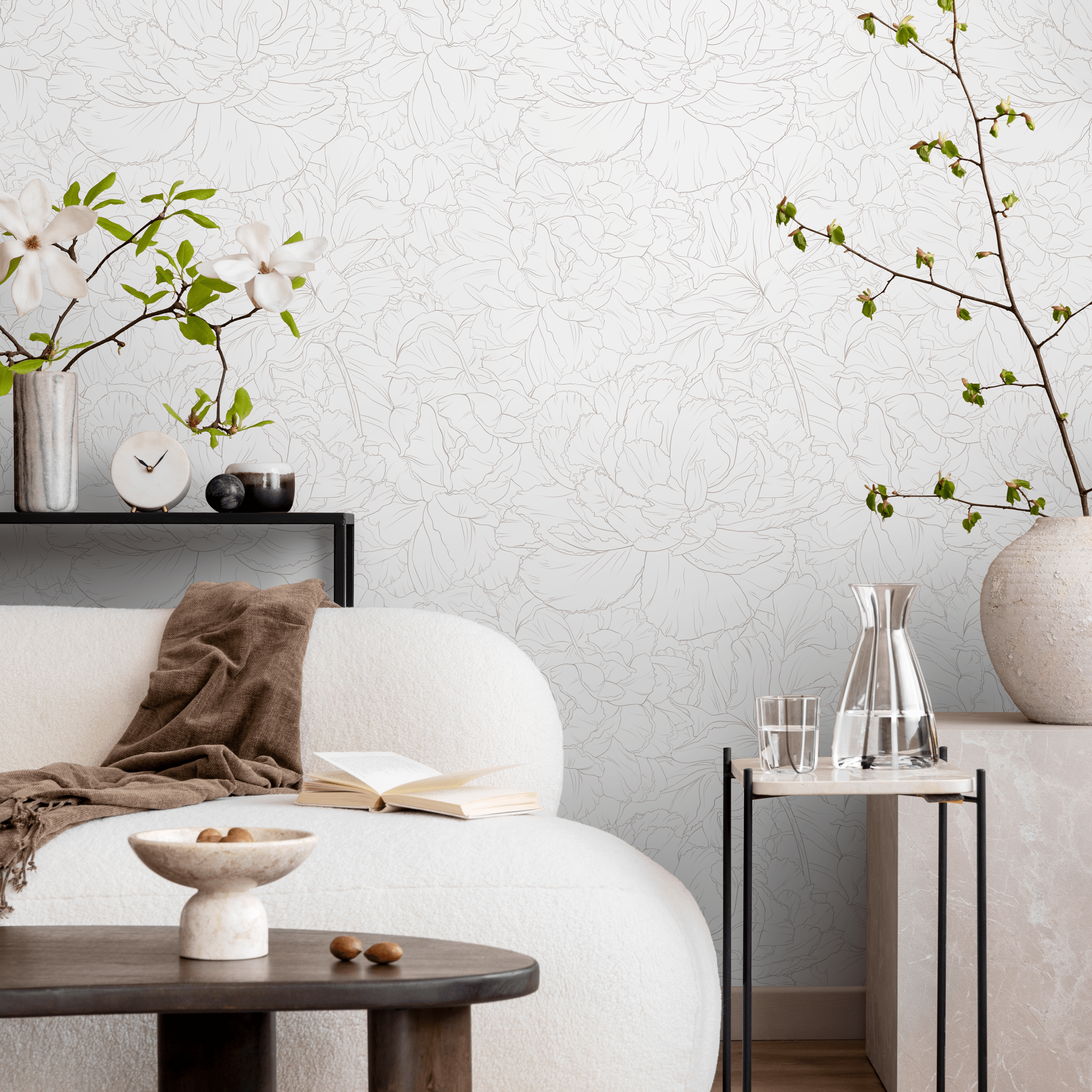 Floral Wallpaper With Minimalist Peony Line Art In Taupe - Zaed