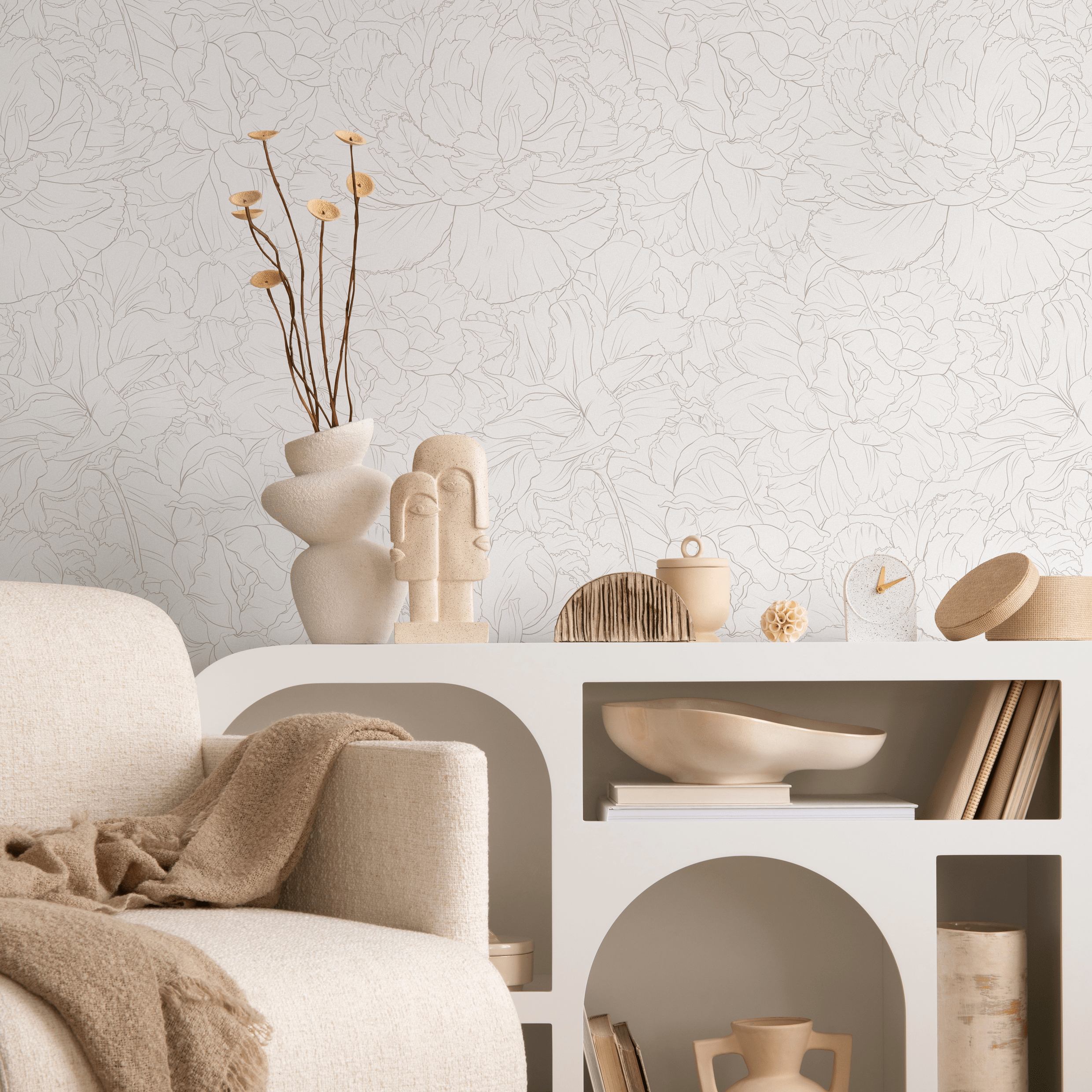 Floral Wallpaper With Minimalist Peony Line Art In Taupe - Zaed