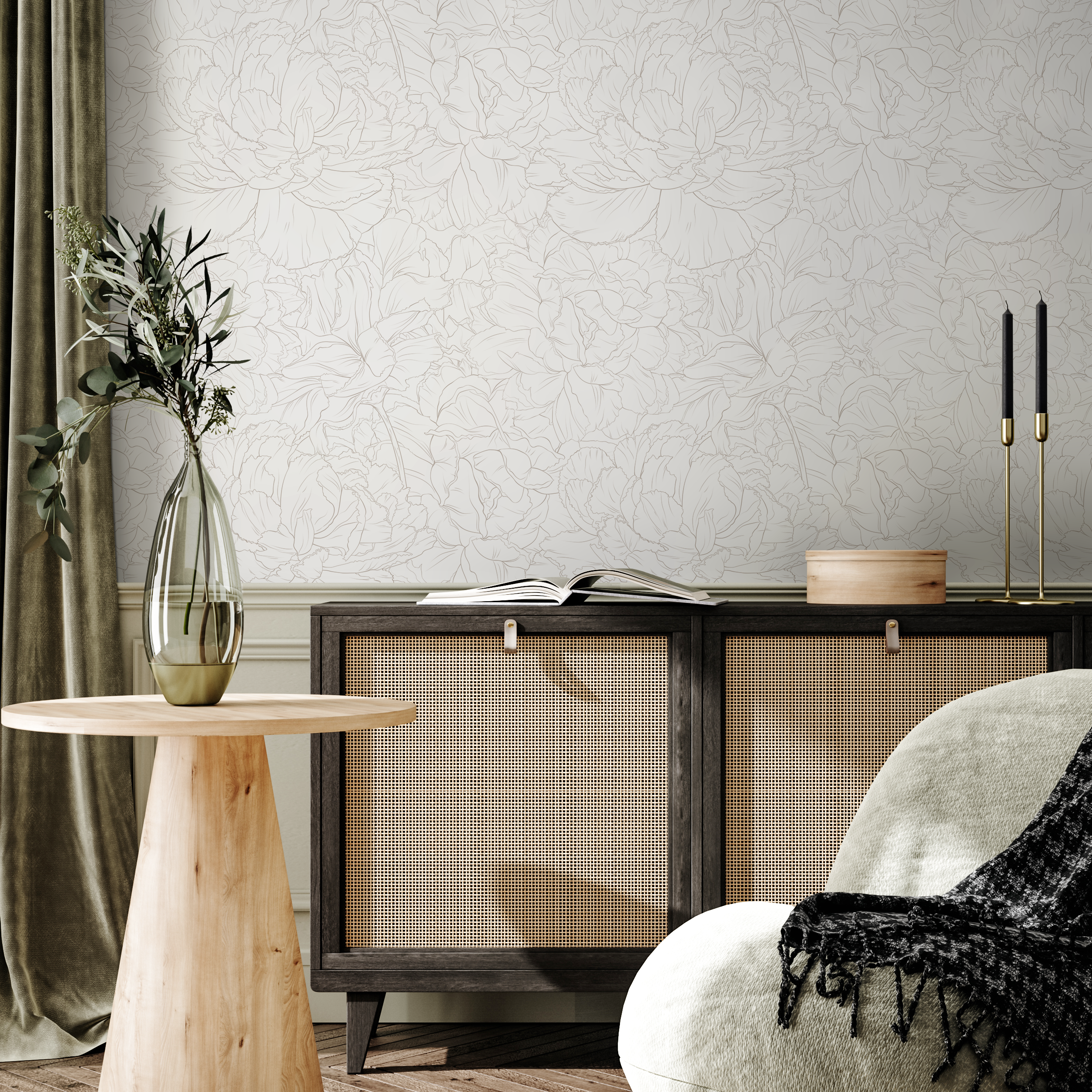 Floral Wallpaper With Minimalist Peony Line Art In Taupe - Zaed