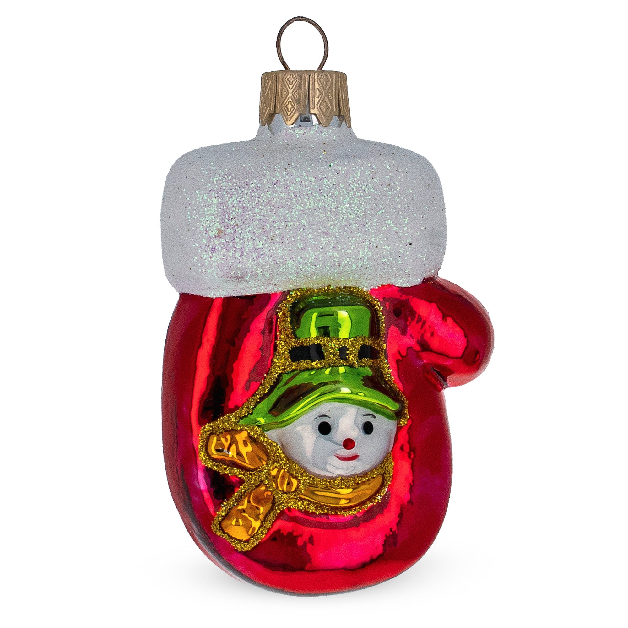 Glittered And Shiny Mitten With Snowman Glass Christmas Ornament