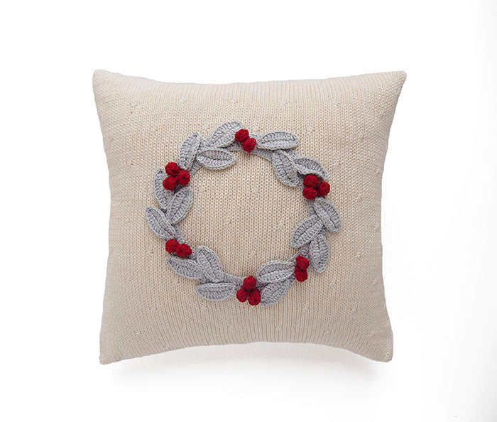 Grey Wreath With Berries 10" Pillow, Ecru