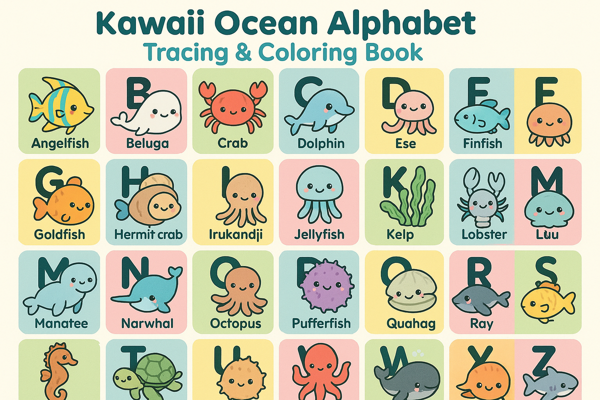 Kawaii Ocean Alphabet Tracing & Coloring Book | Digital Download Pdf