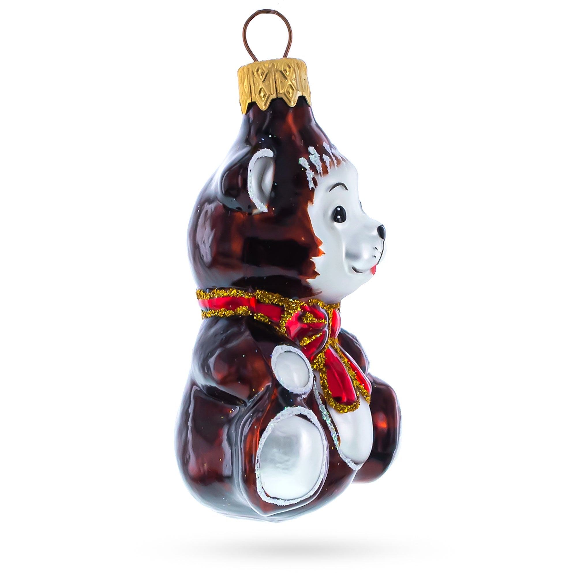 Cute Baby Bear With Red Bow Glass Christmas Ornament