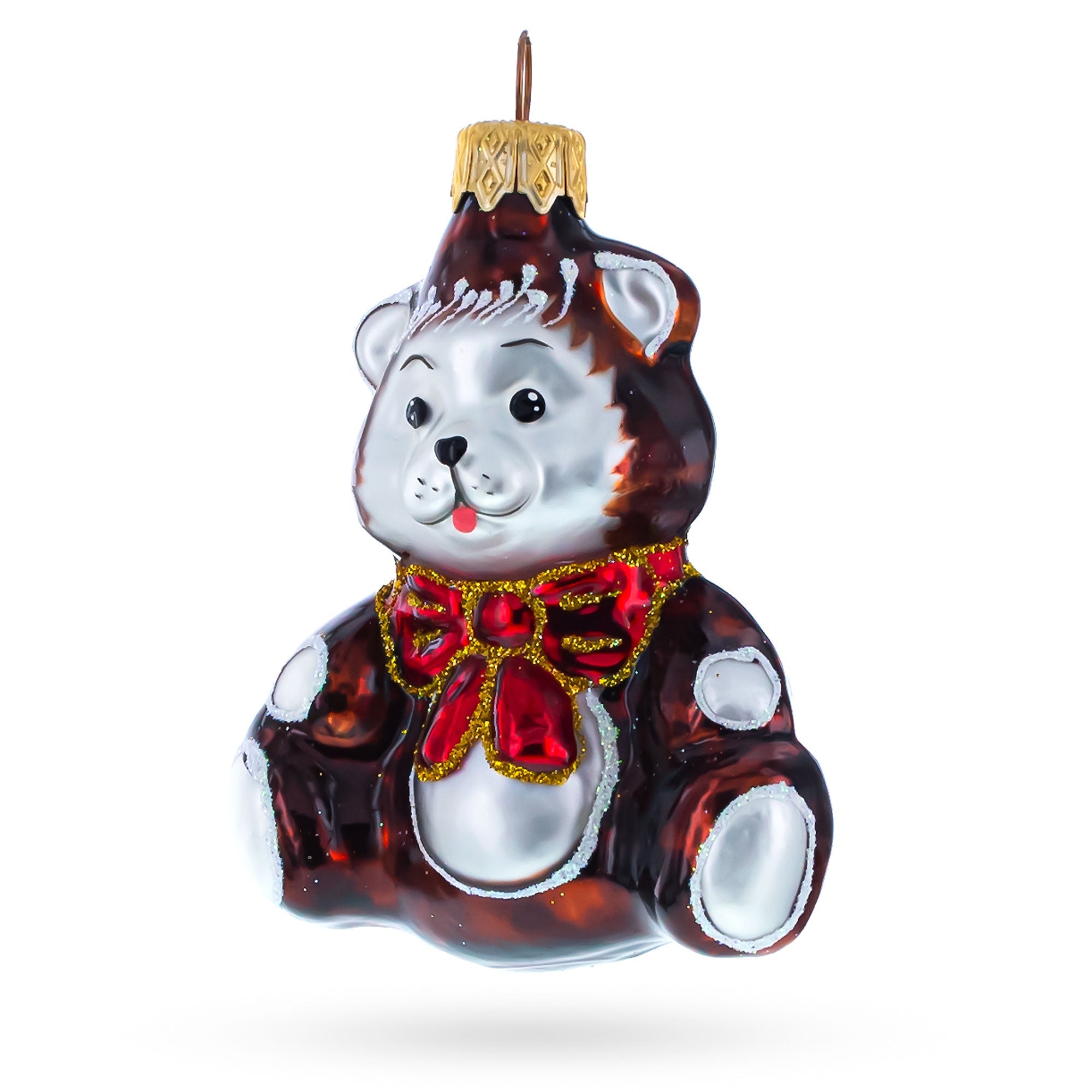 Cute Baby Bear With Red Bow Glass Christmas Ornament