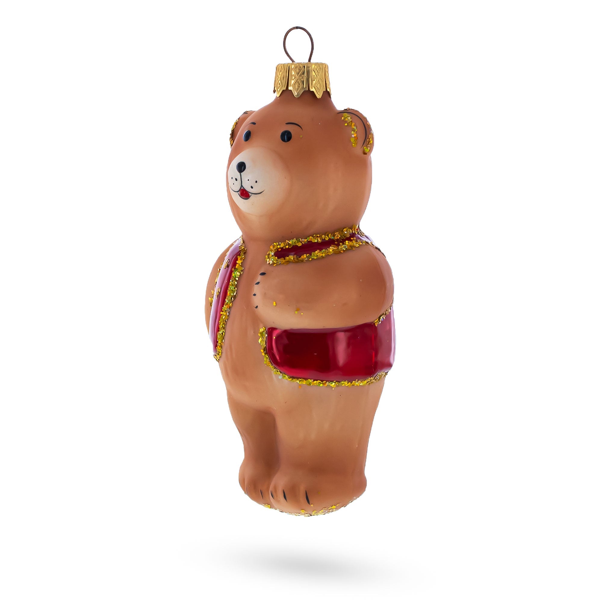 Teddy Bear Wearing Red Jacket Glass Christmas Ornament