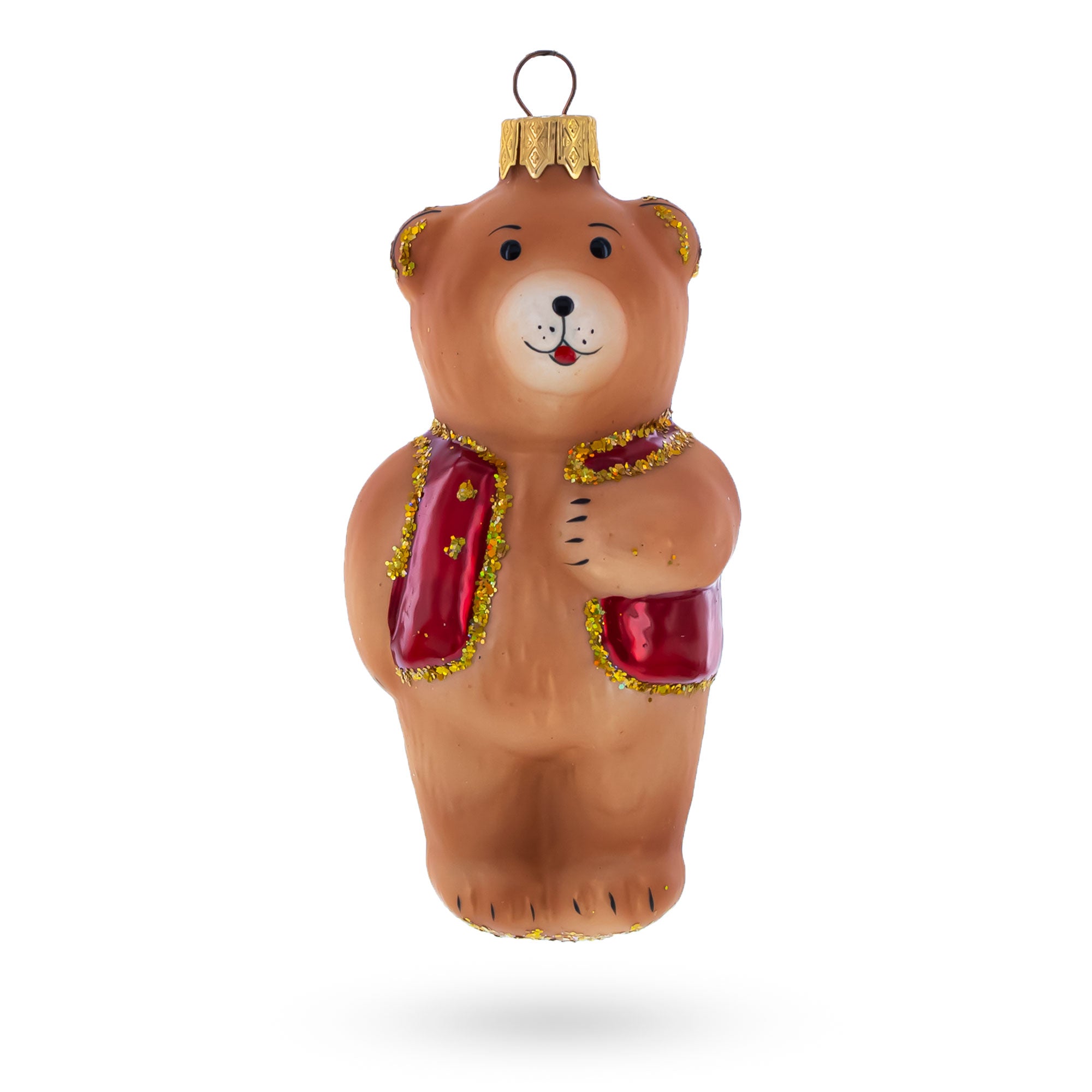 Teddy Bear Wearing Red Jacket Glass Christmas Ornament