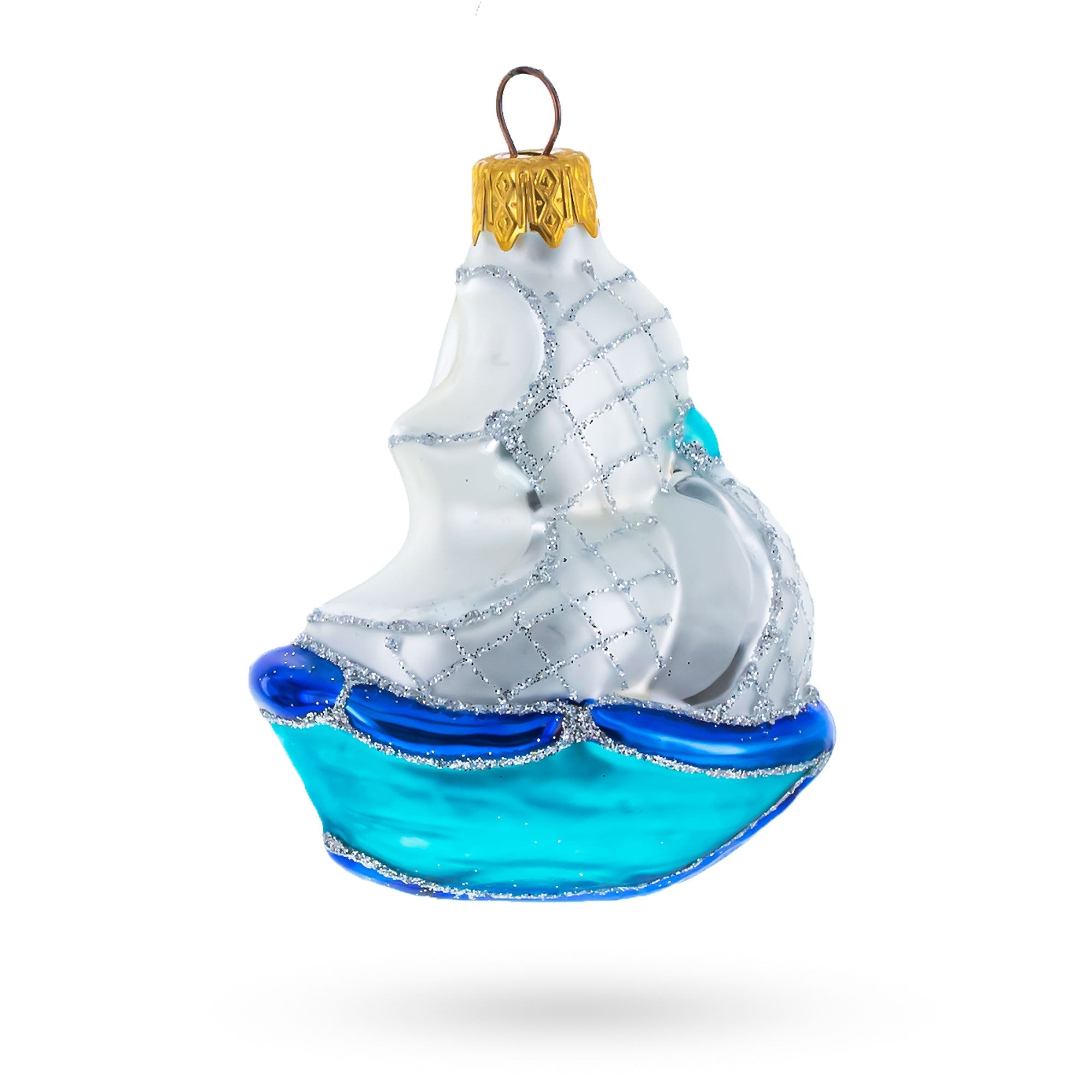 Blue Tall Ship With White Sail Glass Christmas Ornament