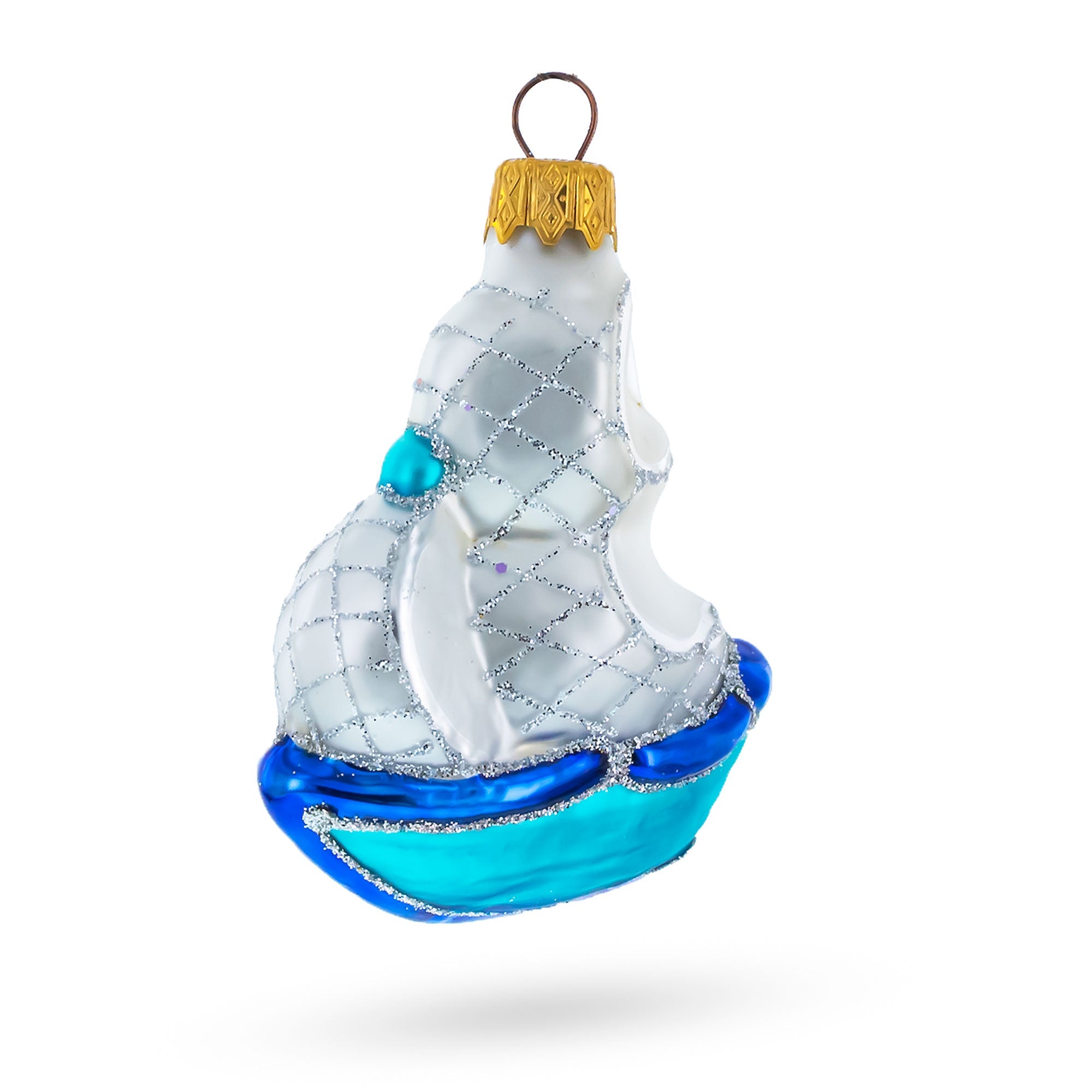 Blue Tall Ship With White Sail Glass Christmas Ornament