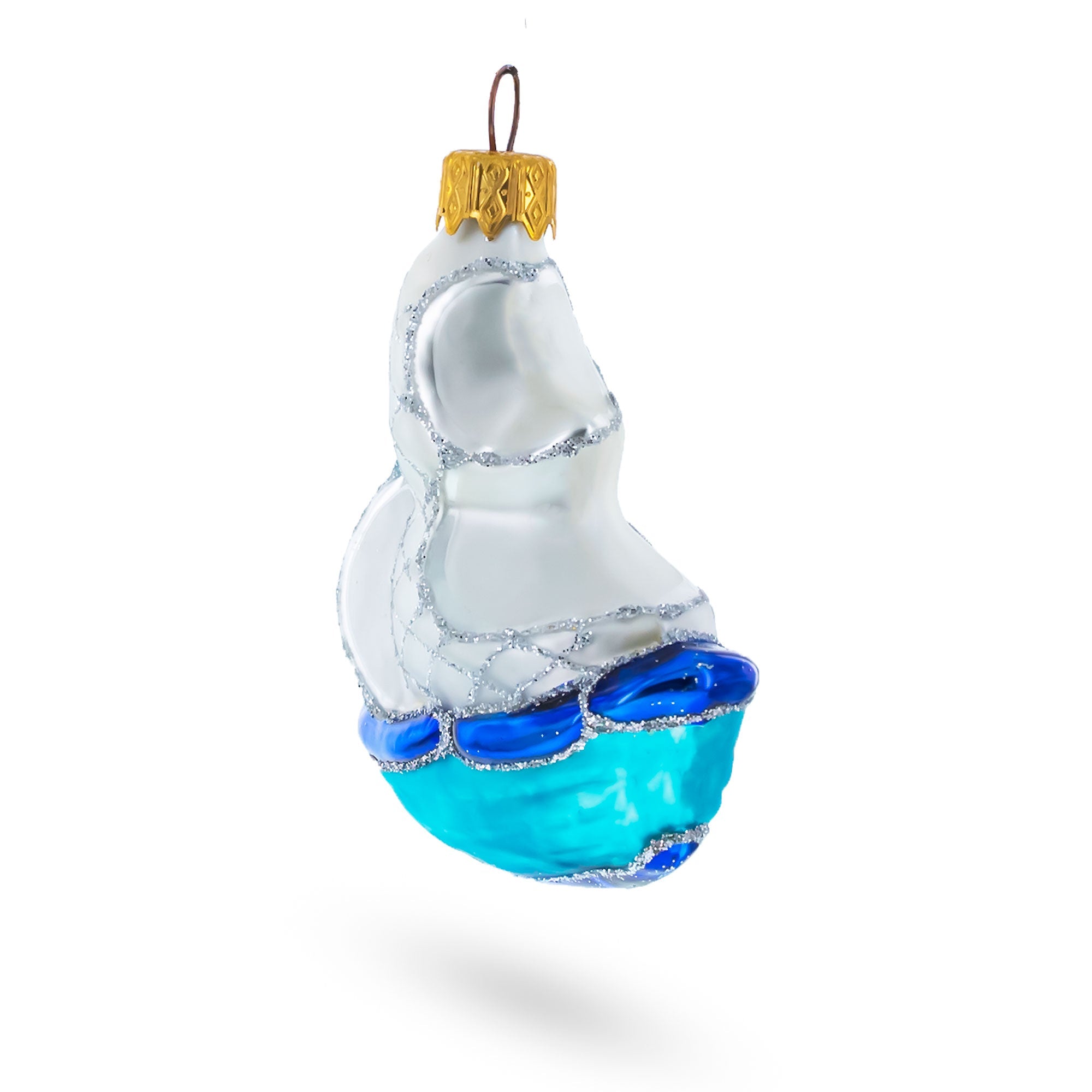 Blue Tall Ship With White Sail Glass Christmas Ornament