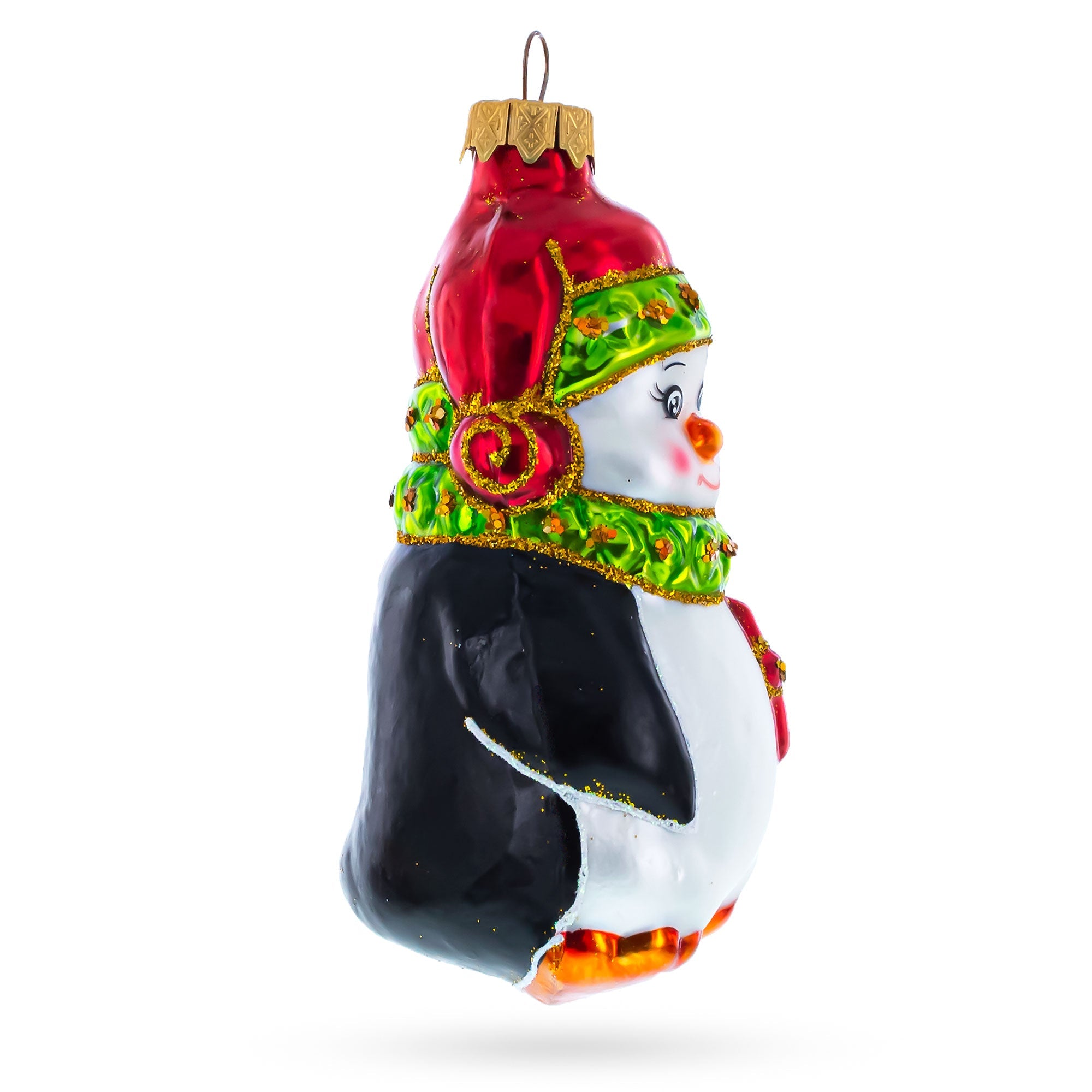 Penguin In Santa Hat With Gifts Glass Christmas Ornament