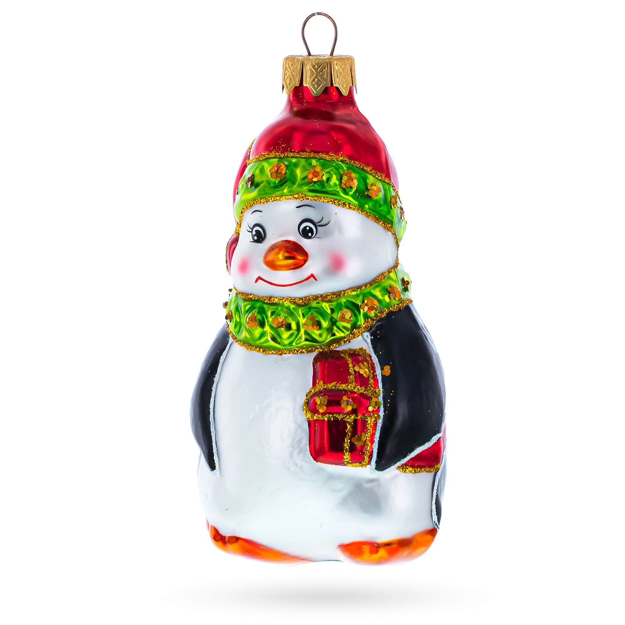 Penguin In Santa Hat With Gifts Glass Christmas Ornament