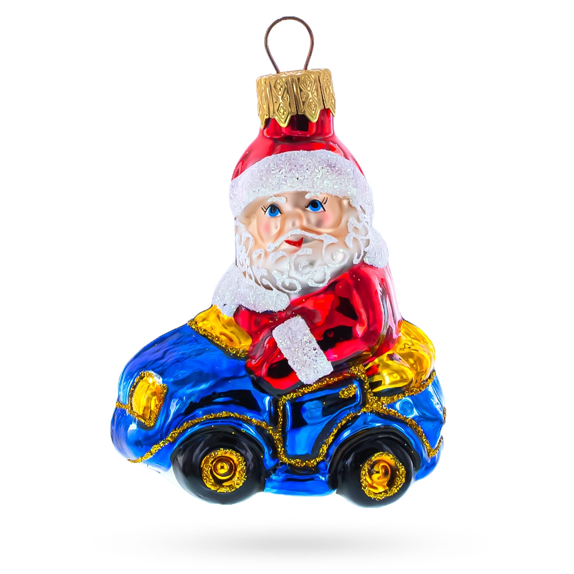 Santa Driving Blue Car Glass Ornaments