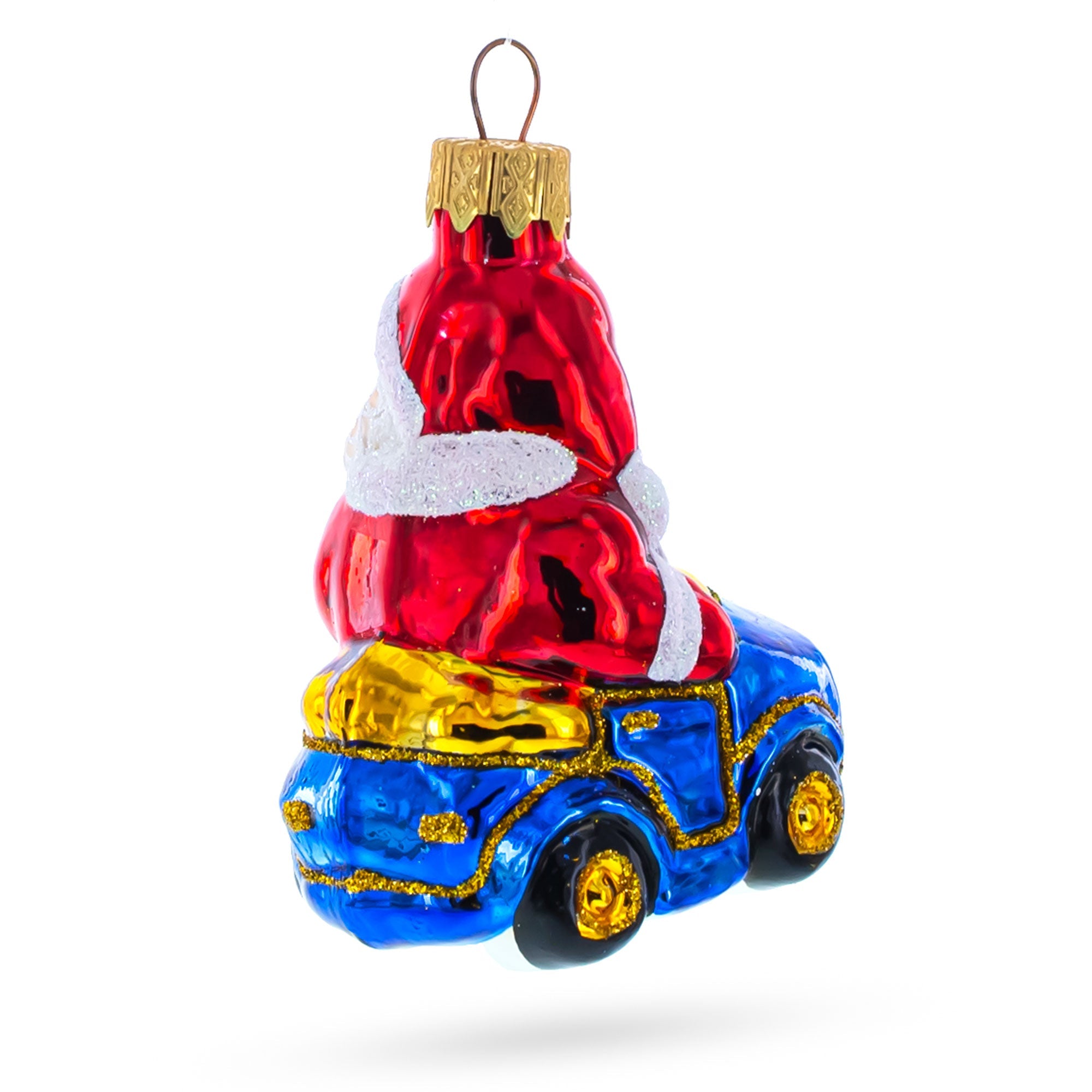 Santa Driving Blue Car Glass Ornaments