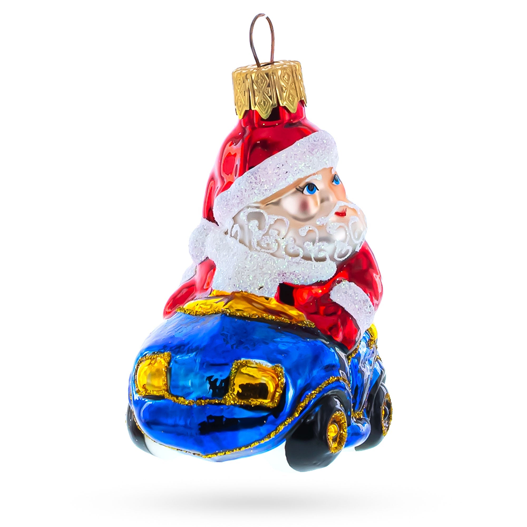 Santa Driving Blue Car Glass Ornaments