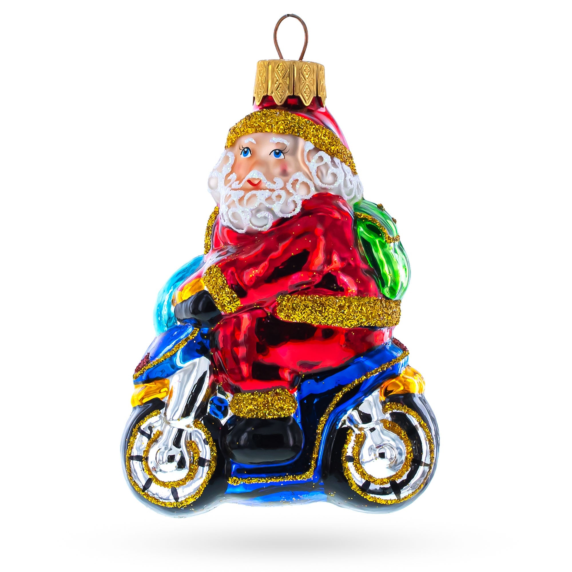 Santa Driving A Blue Car Glass Christmas Ornament