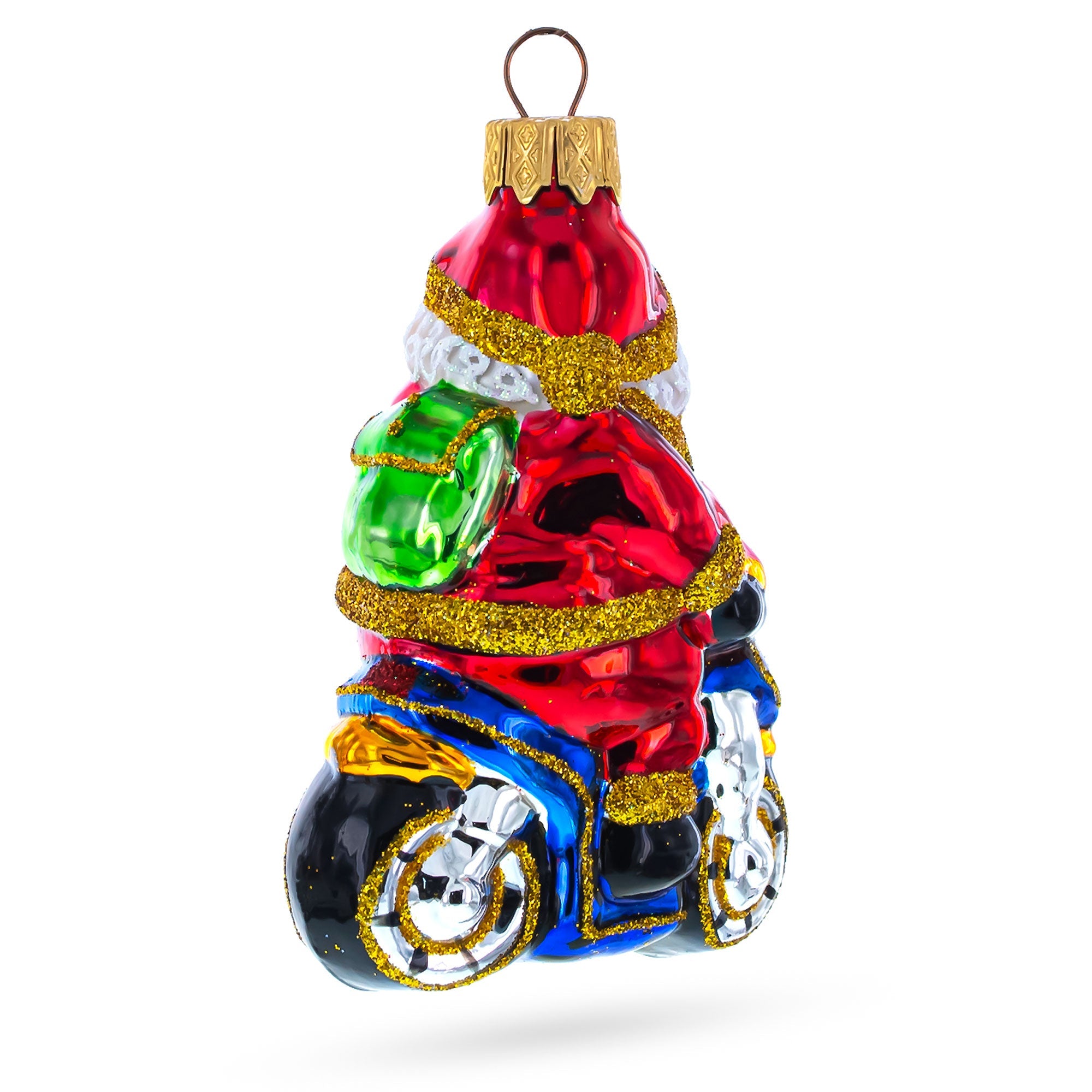 Santa Driving A Blue Car Glass Christmas Ornament